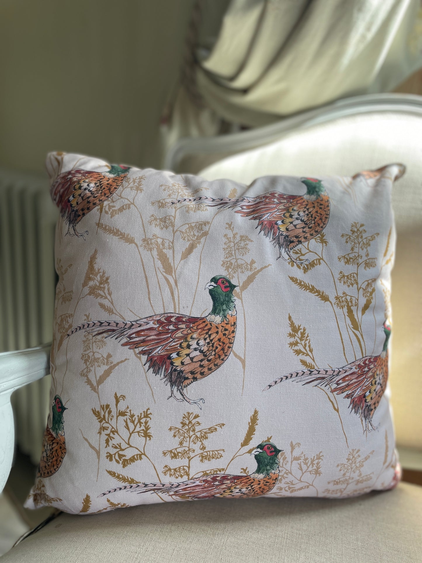 Pheasant and grass illustrated cushion on a cream seat