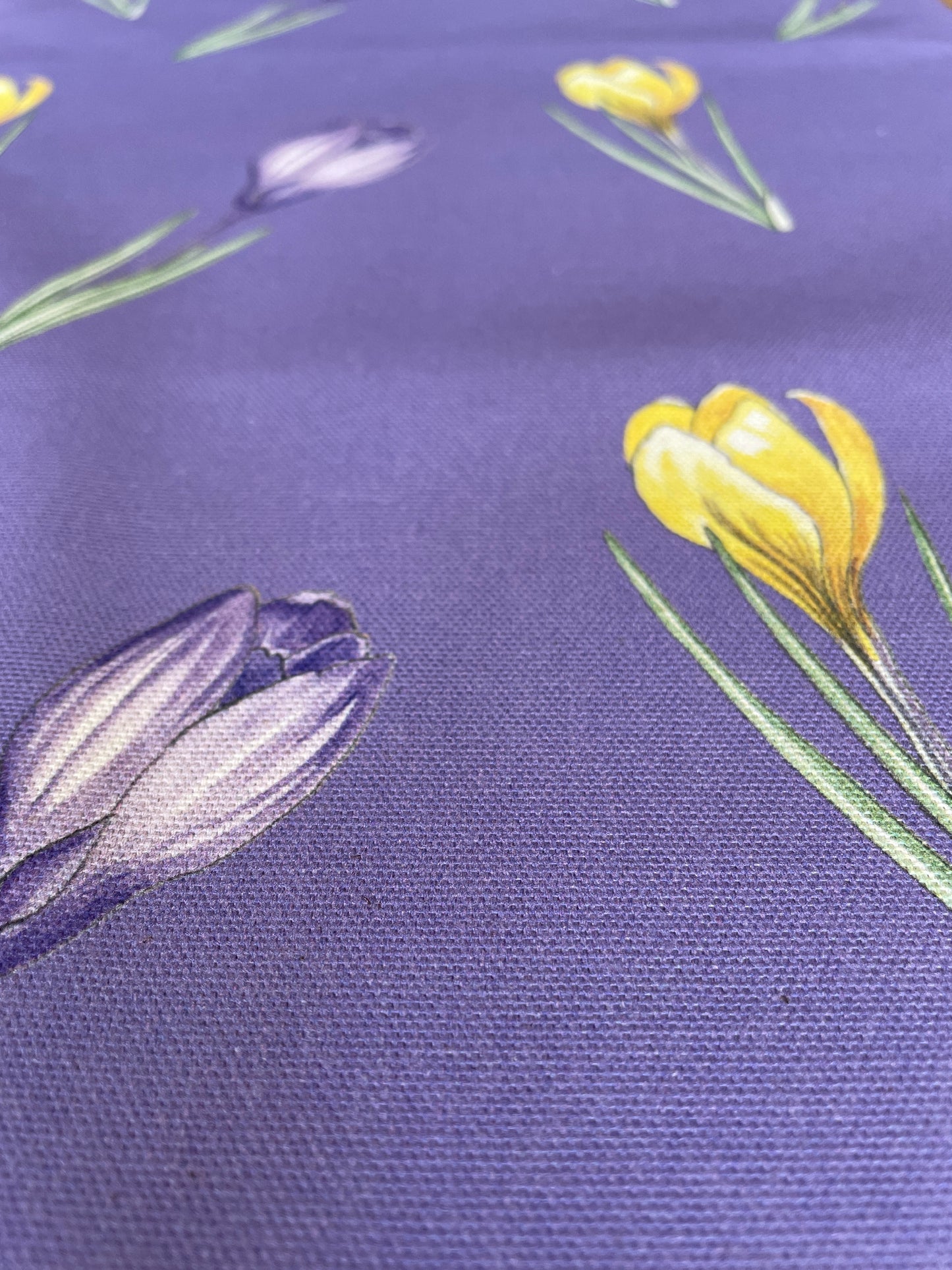 Close up of purple colour crocus design, organic cotton fabric.