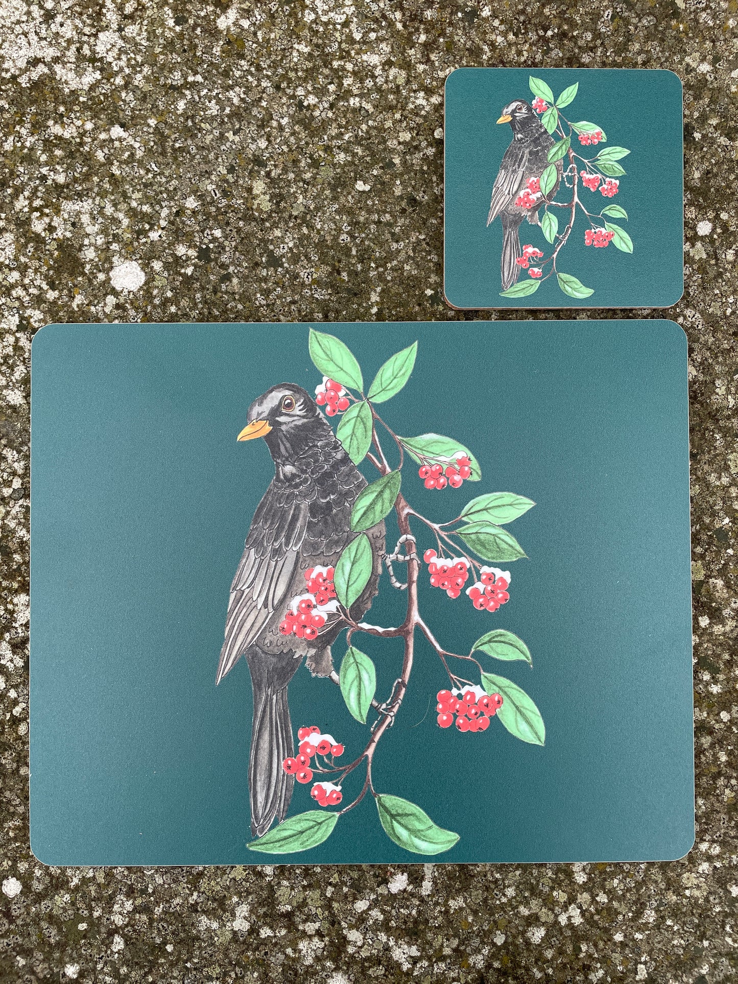 Blackbird illustrated Placemat, Festive Winter Bird