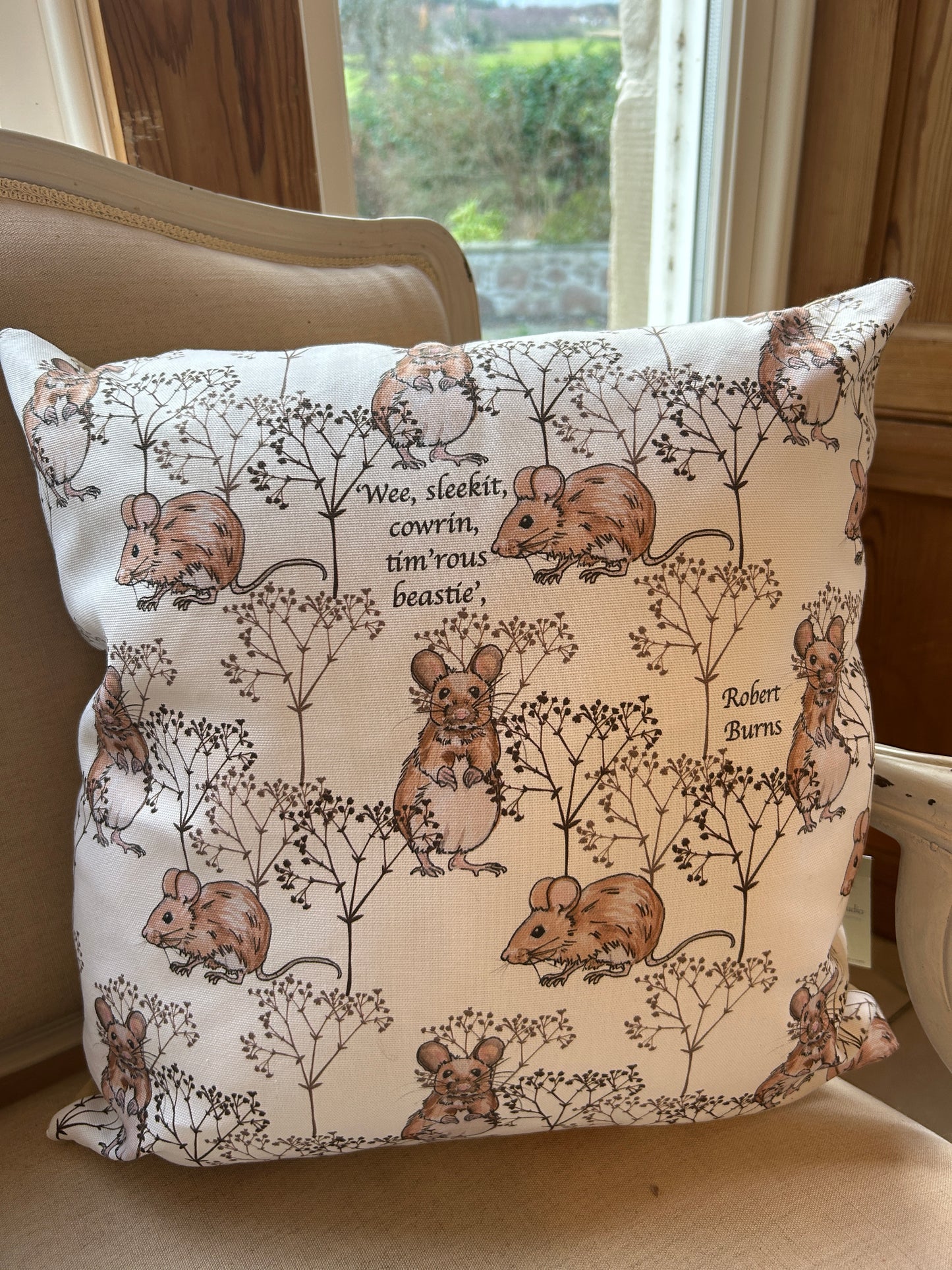 Wee Beastie design cotton cushion sitting on a kitchen settle