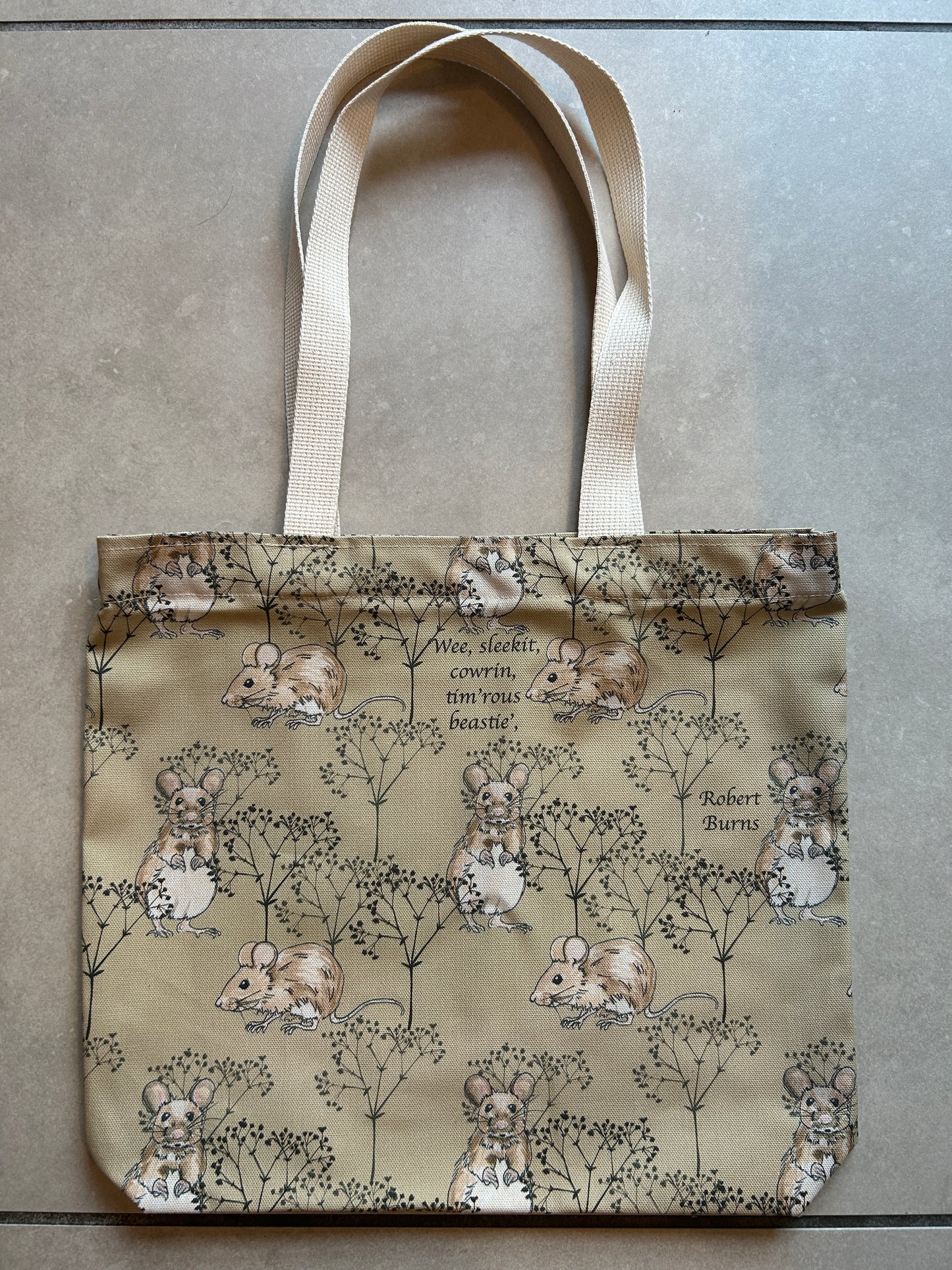 Original mouse and twig design on a tan based cotton tote bag. Robert Burns' quote