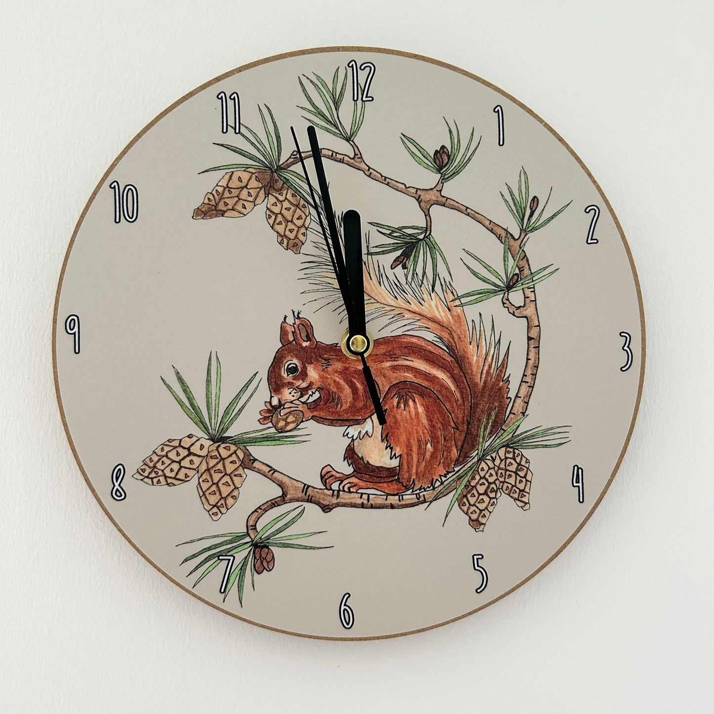 Red Squirrel Illustration on a cream and wood clock