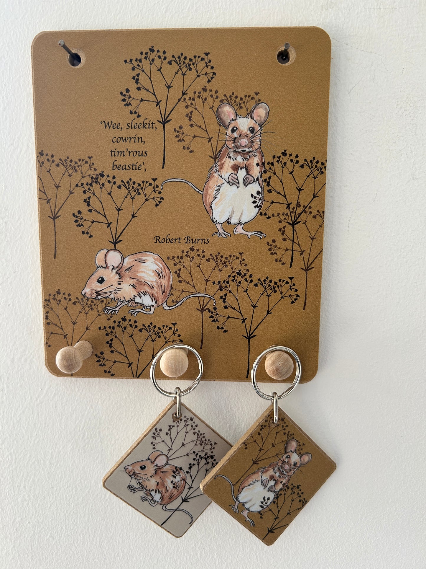 Mouse design in Bronze, 3 peg hook with matching mice key rings
