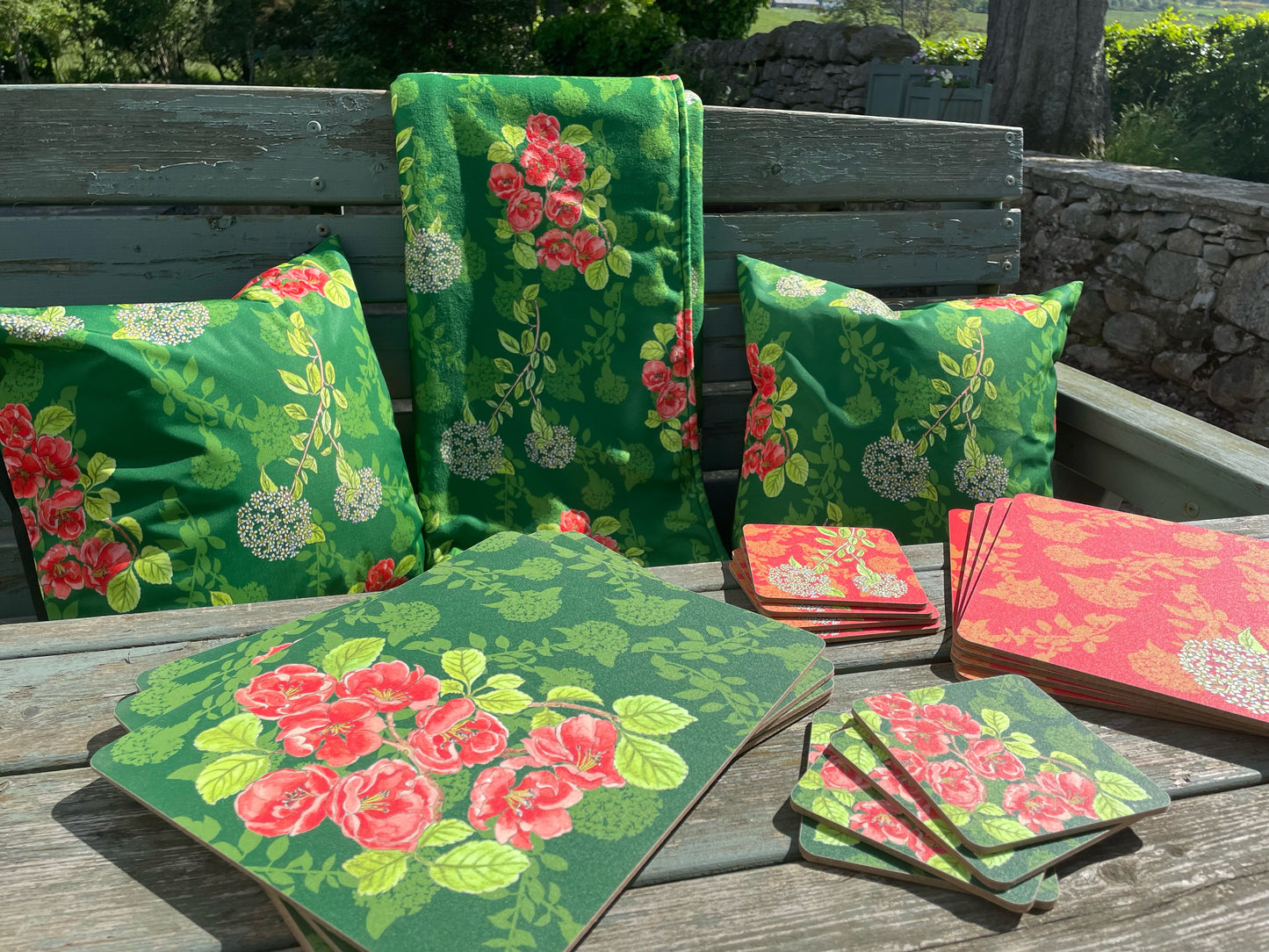 Outdoor Cushion, water repellent, Viburnum Quince illustrated Design
