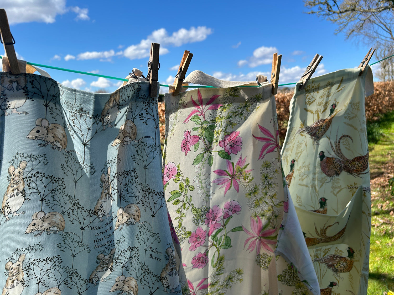 Three aprons of different colours pegged to a washing line