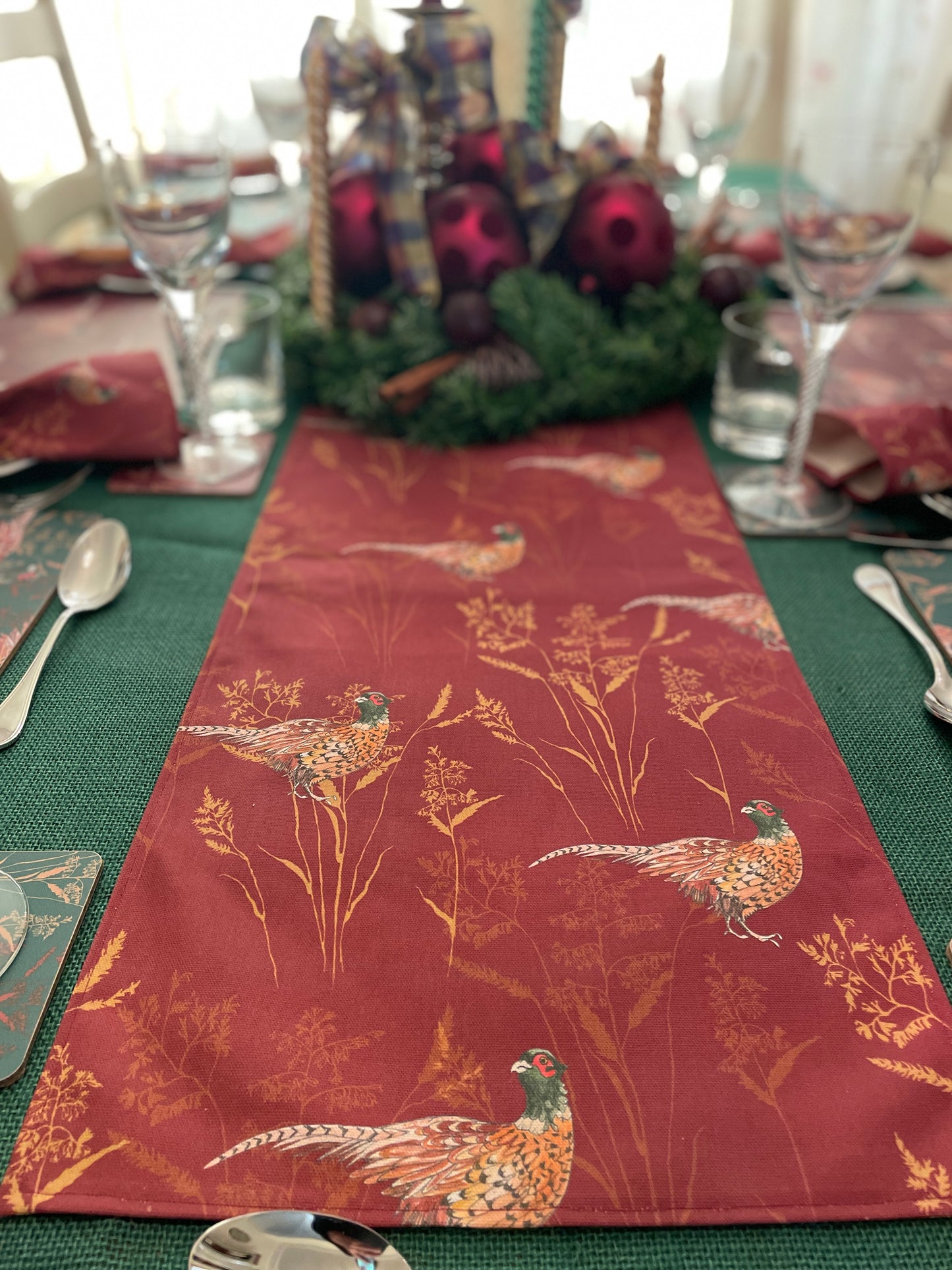 Pleasant Pheasant Table Runner, Organic cotton, Handmade