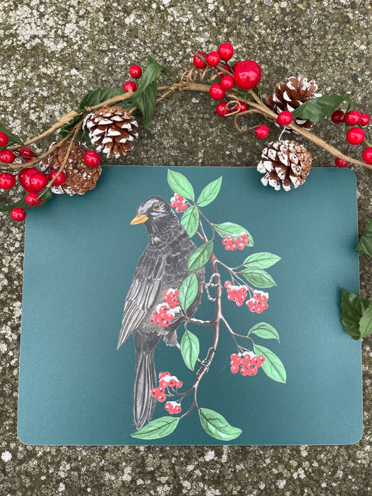 Blackbird illustrated Placemat, Festive Winter Bird