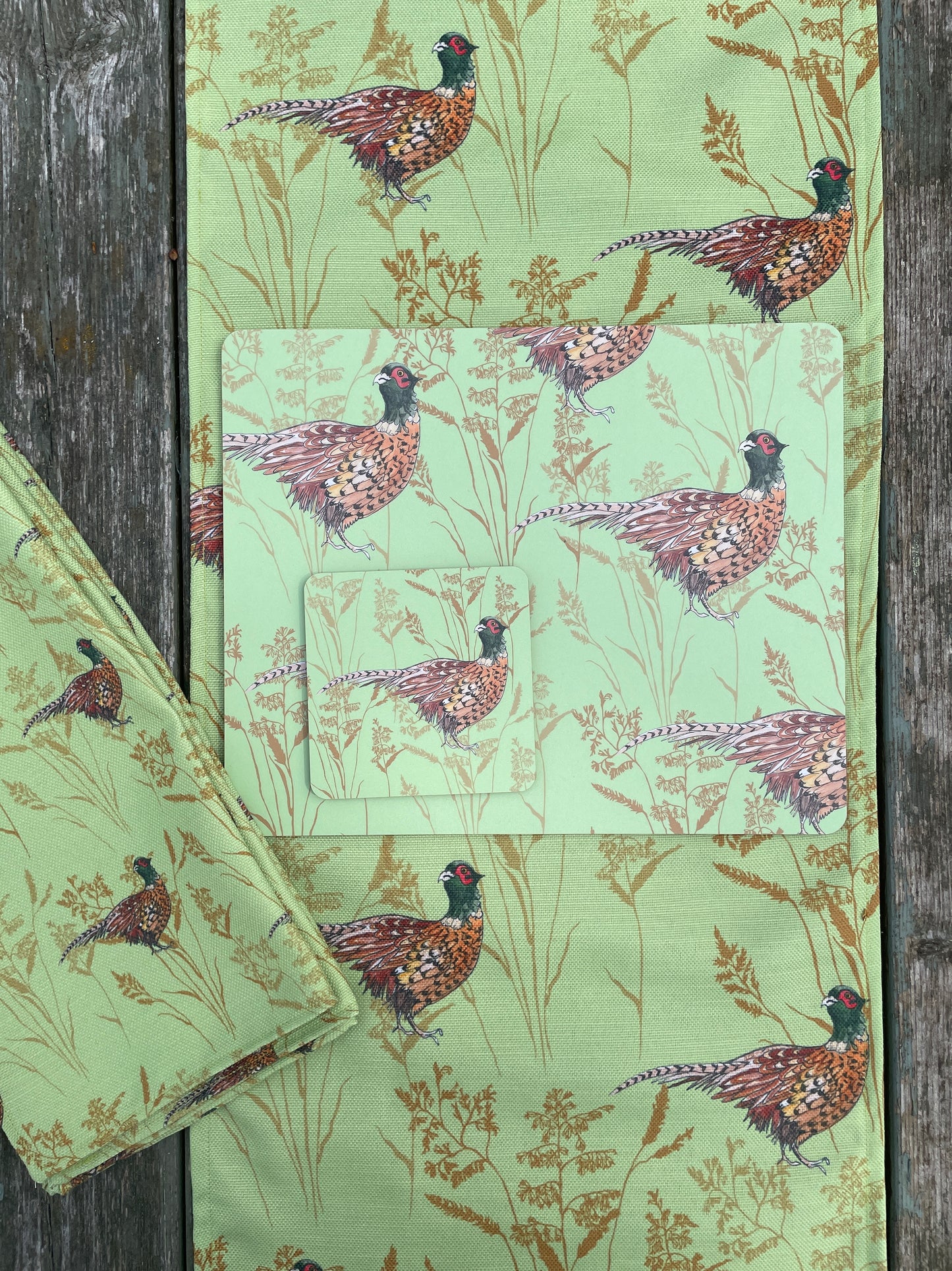 Summer Pheasant Table Runner, in 100% recycled polyester, linen effect.