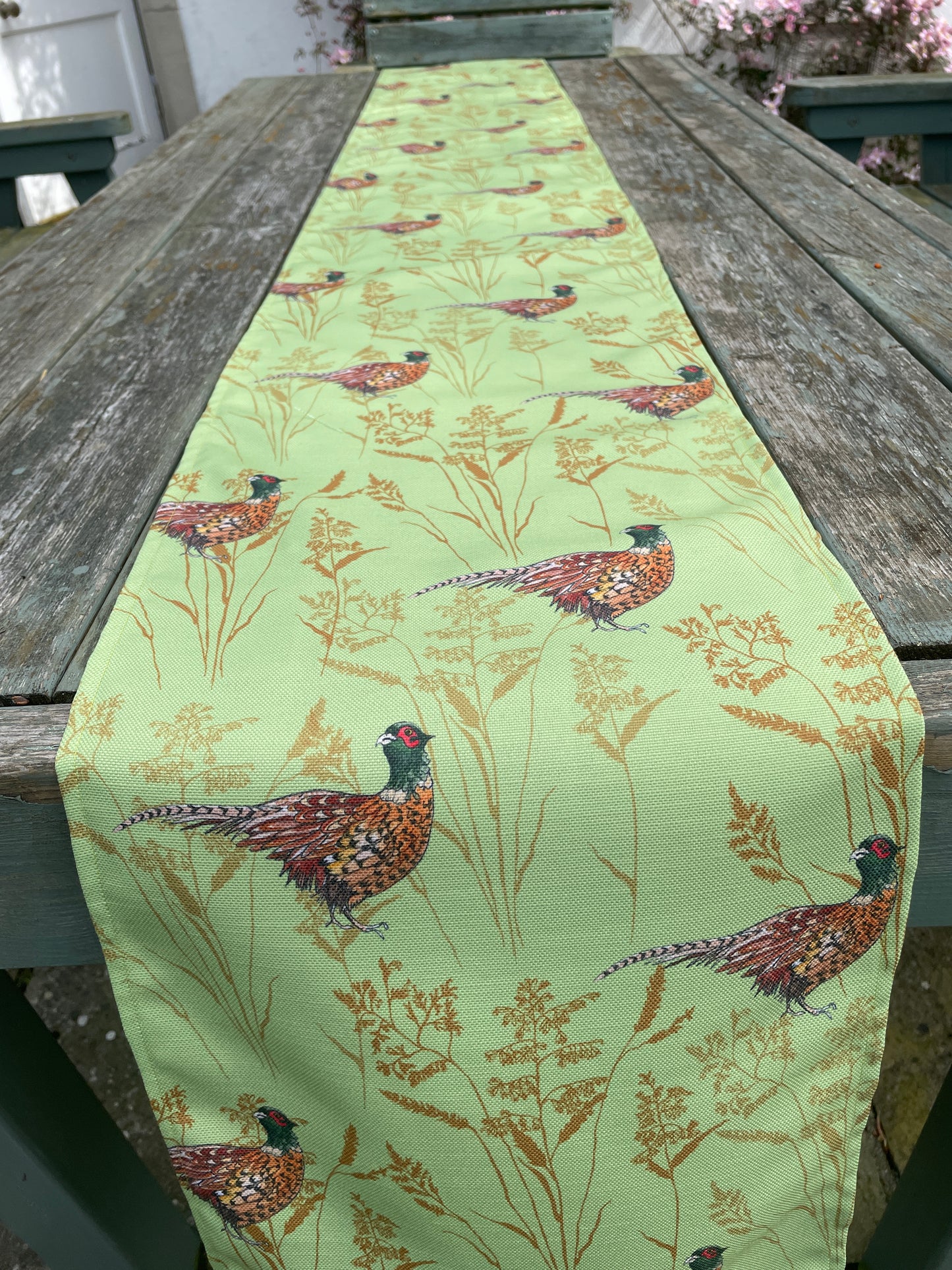 Summer Pheasant Table Runner, in 100% recycled polyester, linen effect.