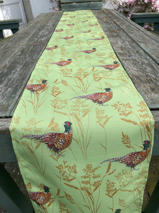 Summer Pheasant Table Runner, in 100% recycled polyester, linen effect.