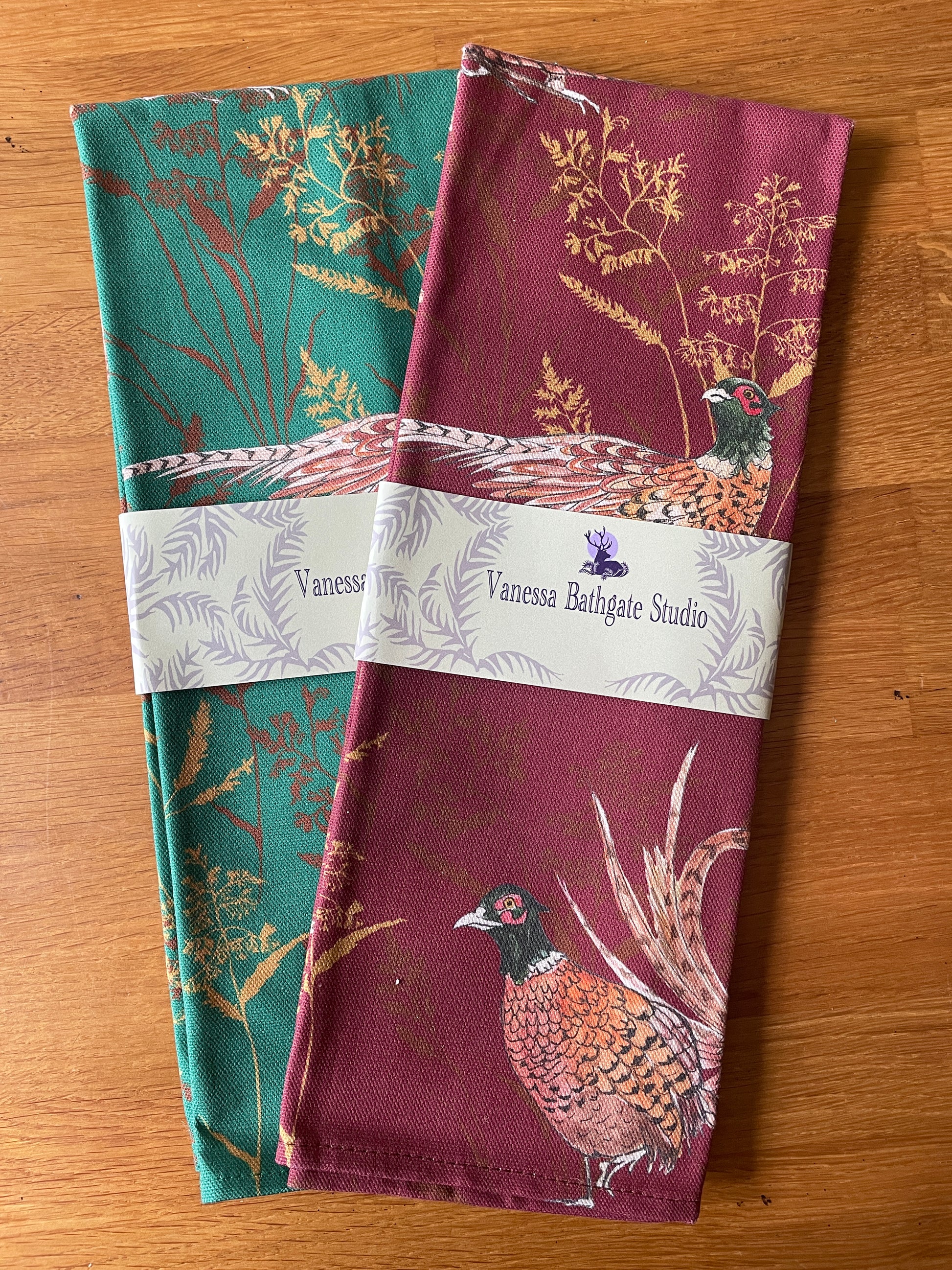 Pheasant and grass print, organic cotton tea towels, packaged as easy gifts