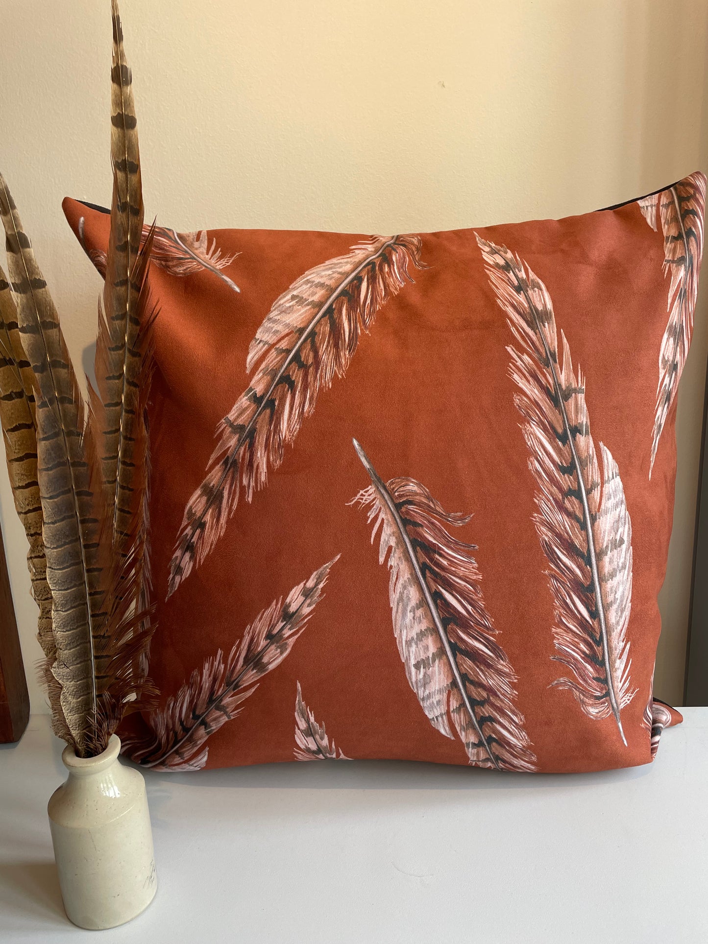 Country Feathers Design, faux suede Cushion