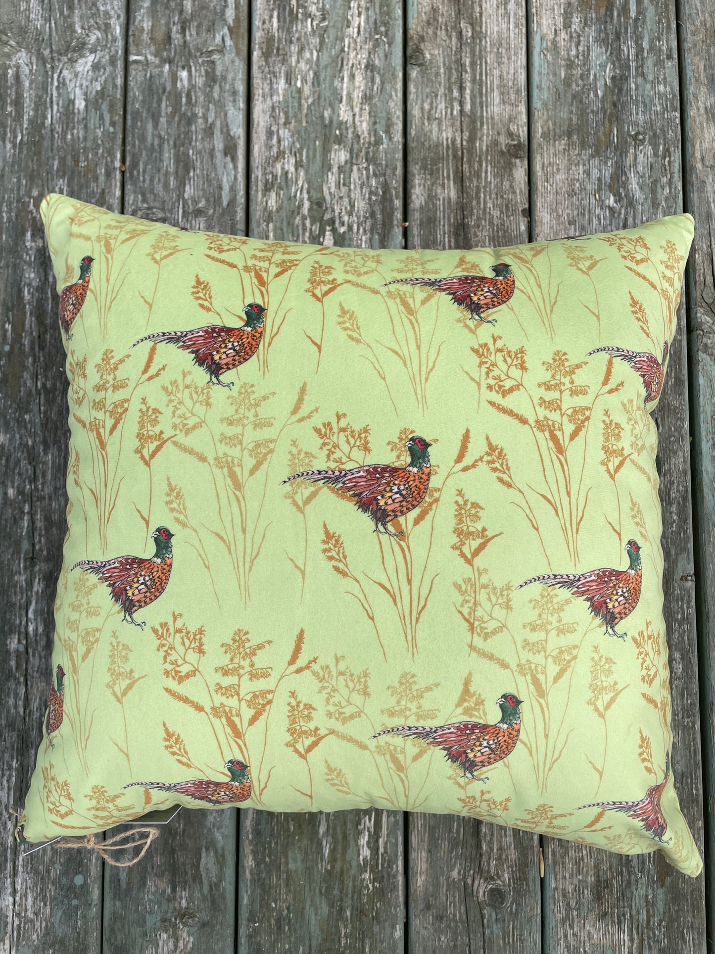 Lime green Pheasant and Grass design printed on an eco-velvet fabric cushion