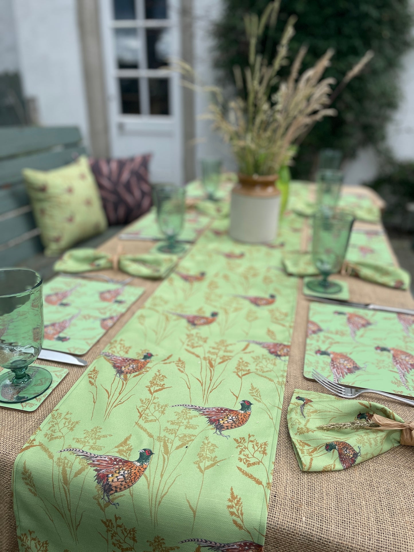 Summer Pheasant Table Runner, in 100% recycled polyester, linen effect.