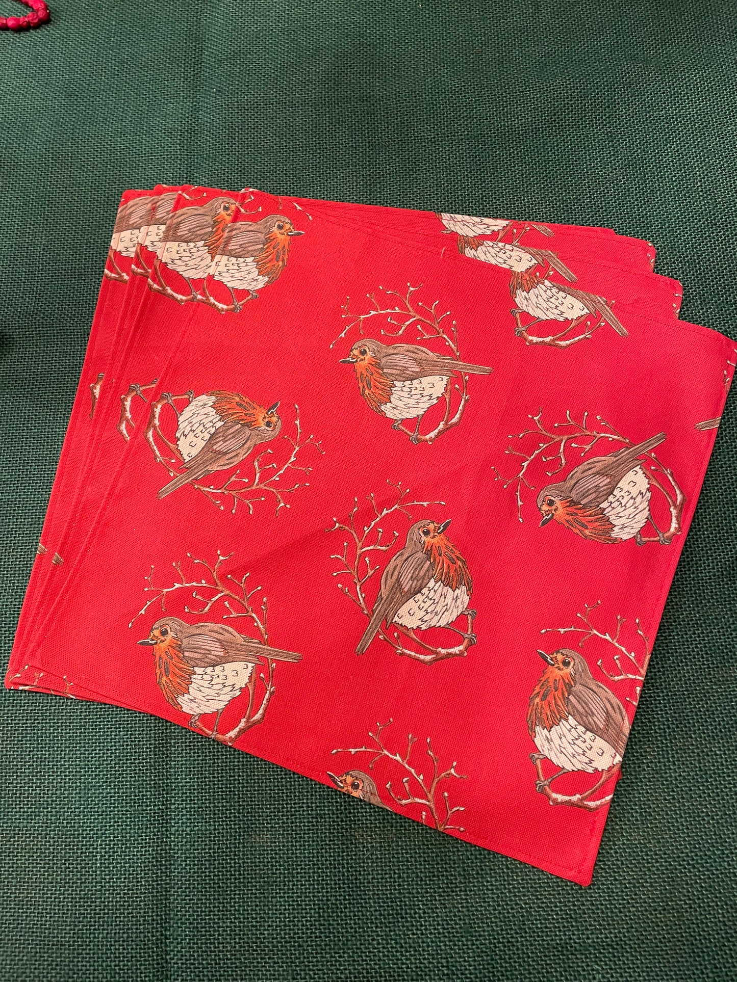 Festive Robin Napkins, handmade in organic cotton