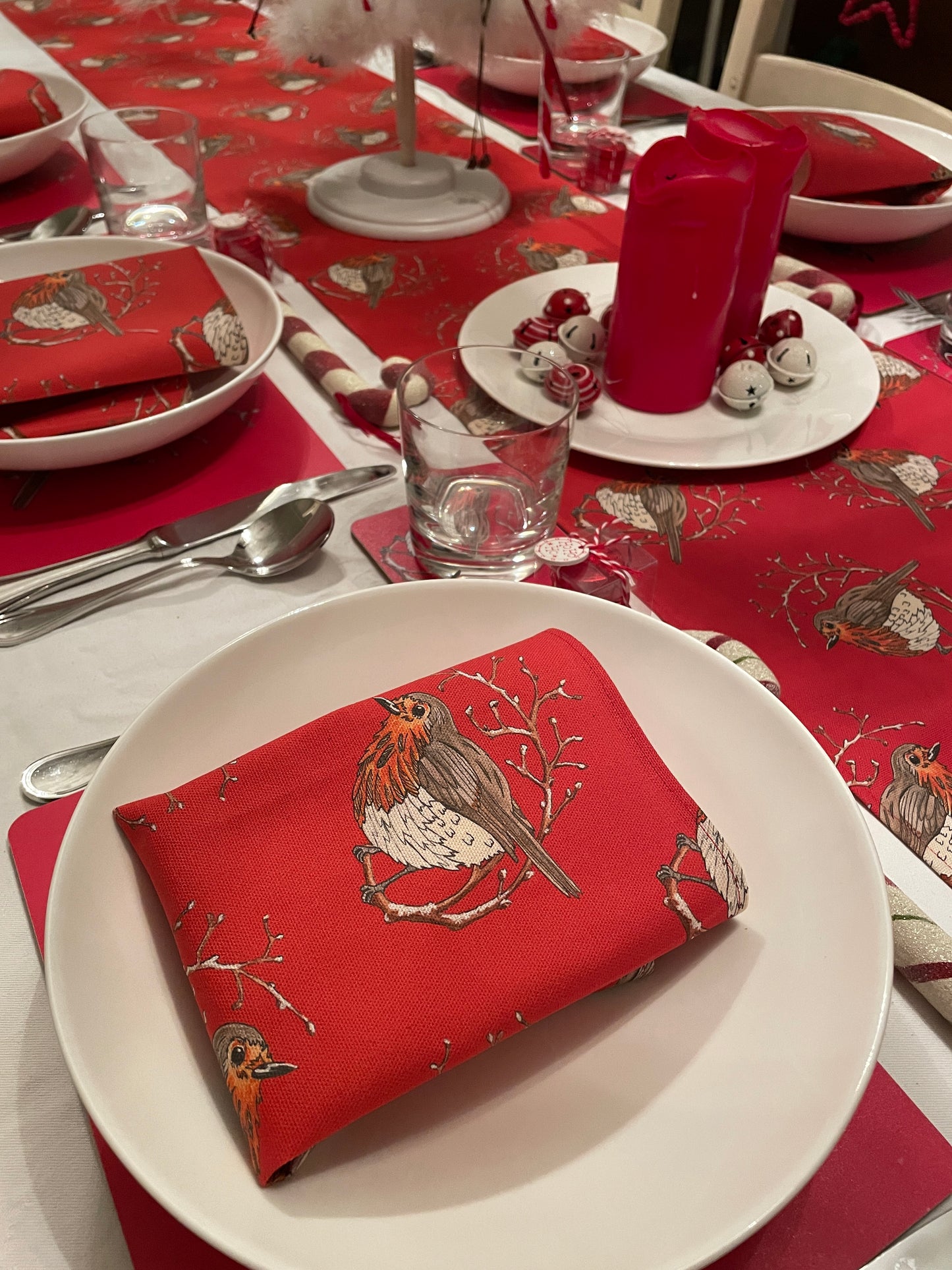 Festive Robin Napkins, handmade in organic cotton