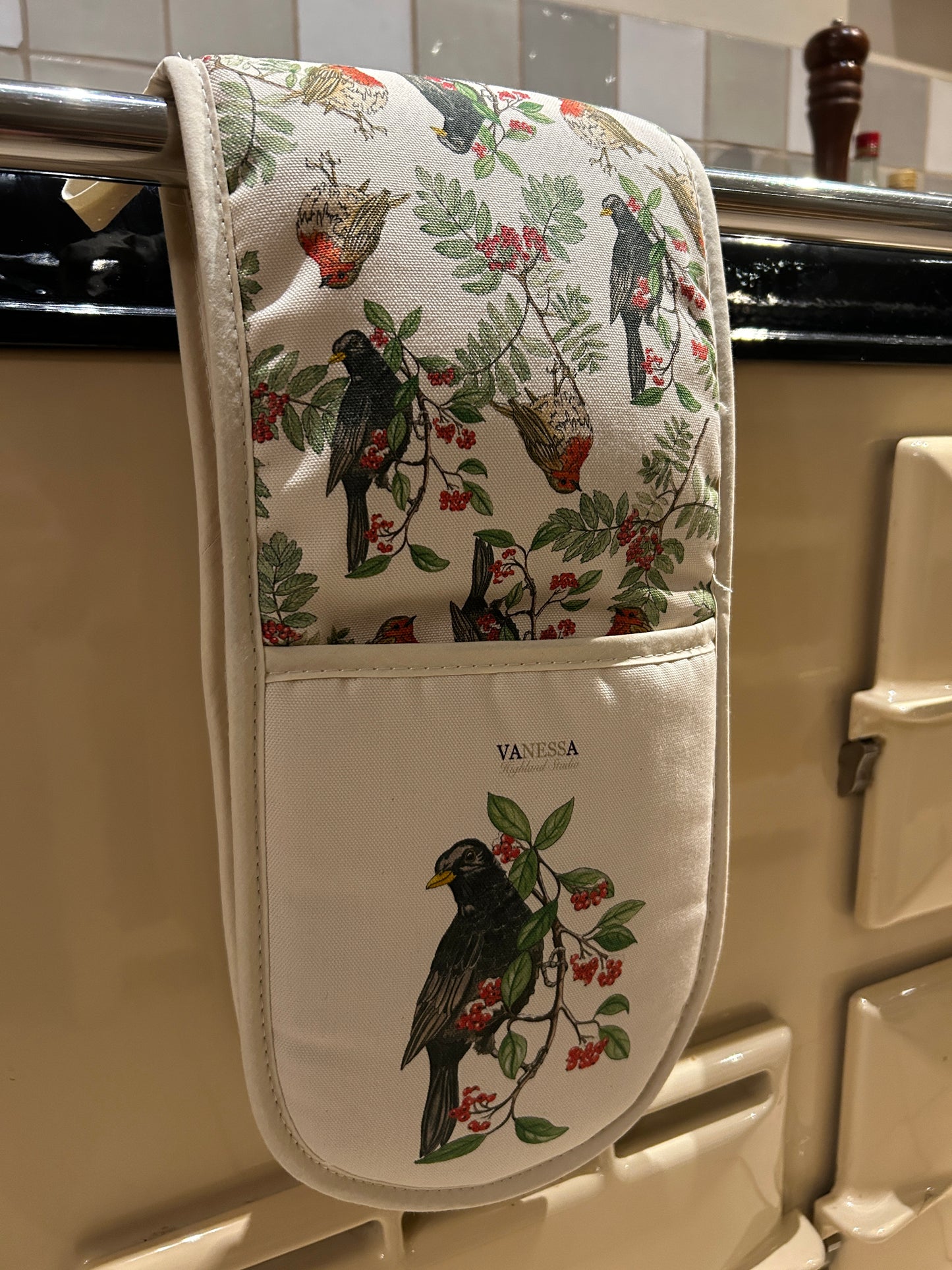 Festive Blackbird, Robin print, Oven Glove