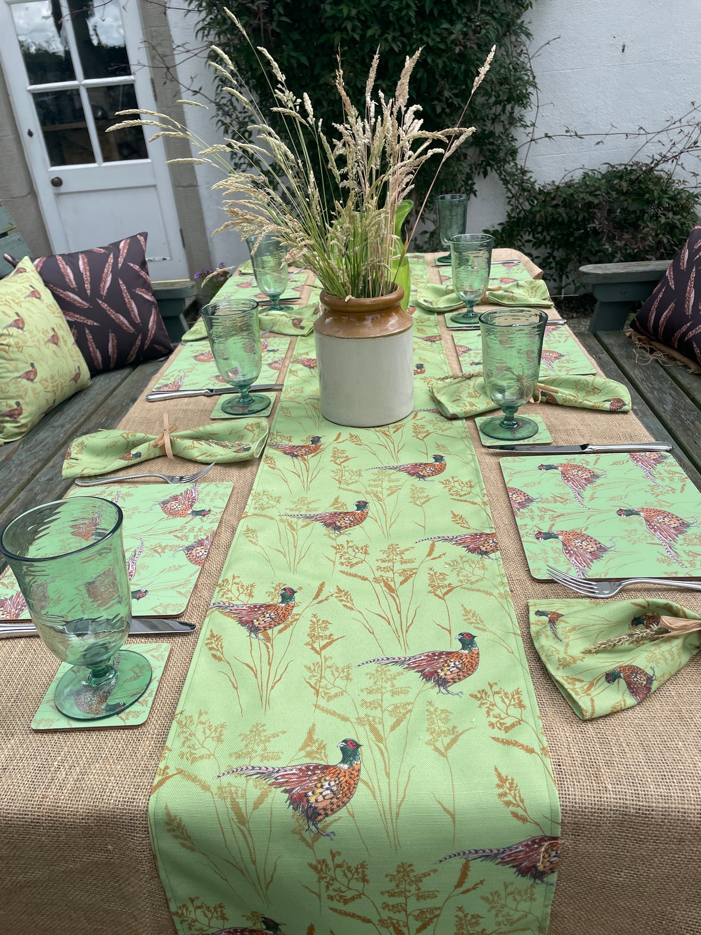 Summer Pheasant Table Runner, in 100% recycled polyester, linen effect.