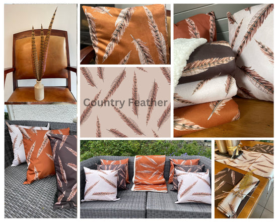 Pheasant feather design products, cushions, outdoor cushions, tables cape