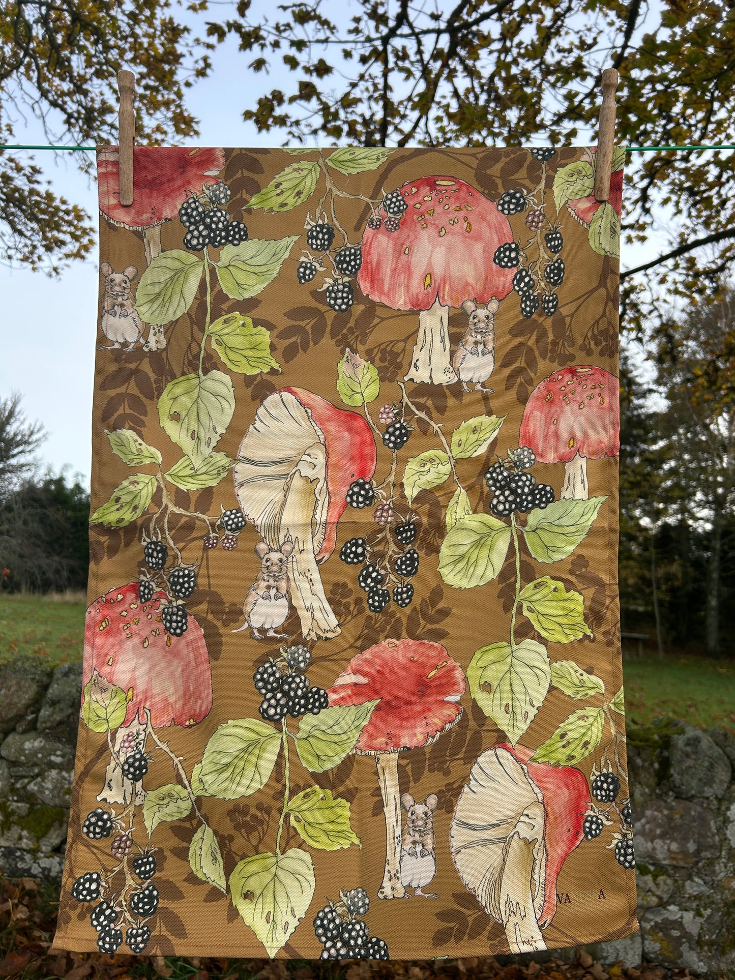 Bramble and Toadstool Design tea towel