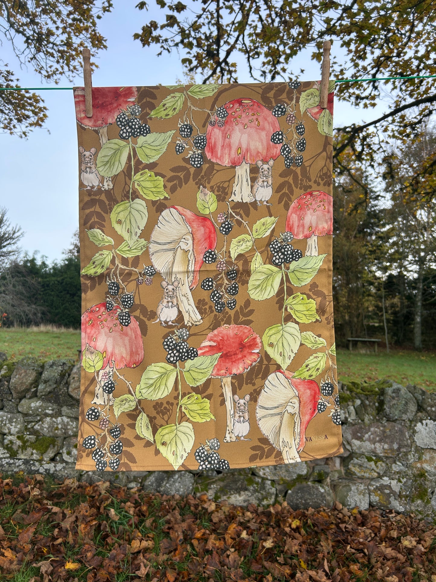 Bramble and Toadstool Design tea towel