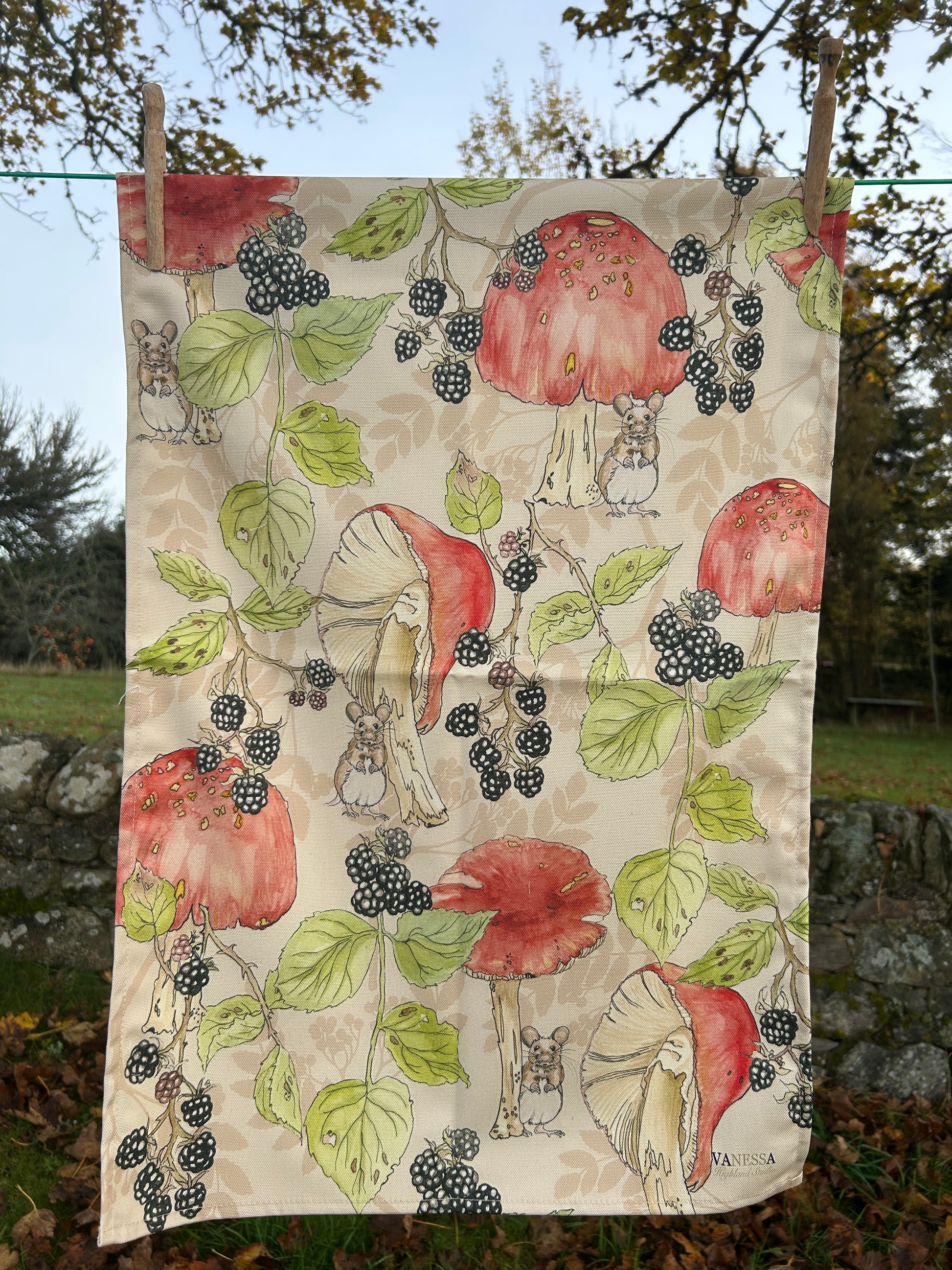 toadstool bramble illustrations with a feild mouse on a cream background