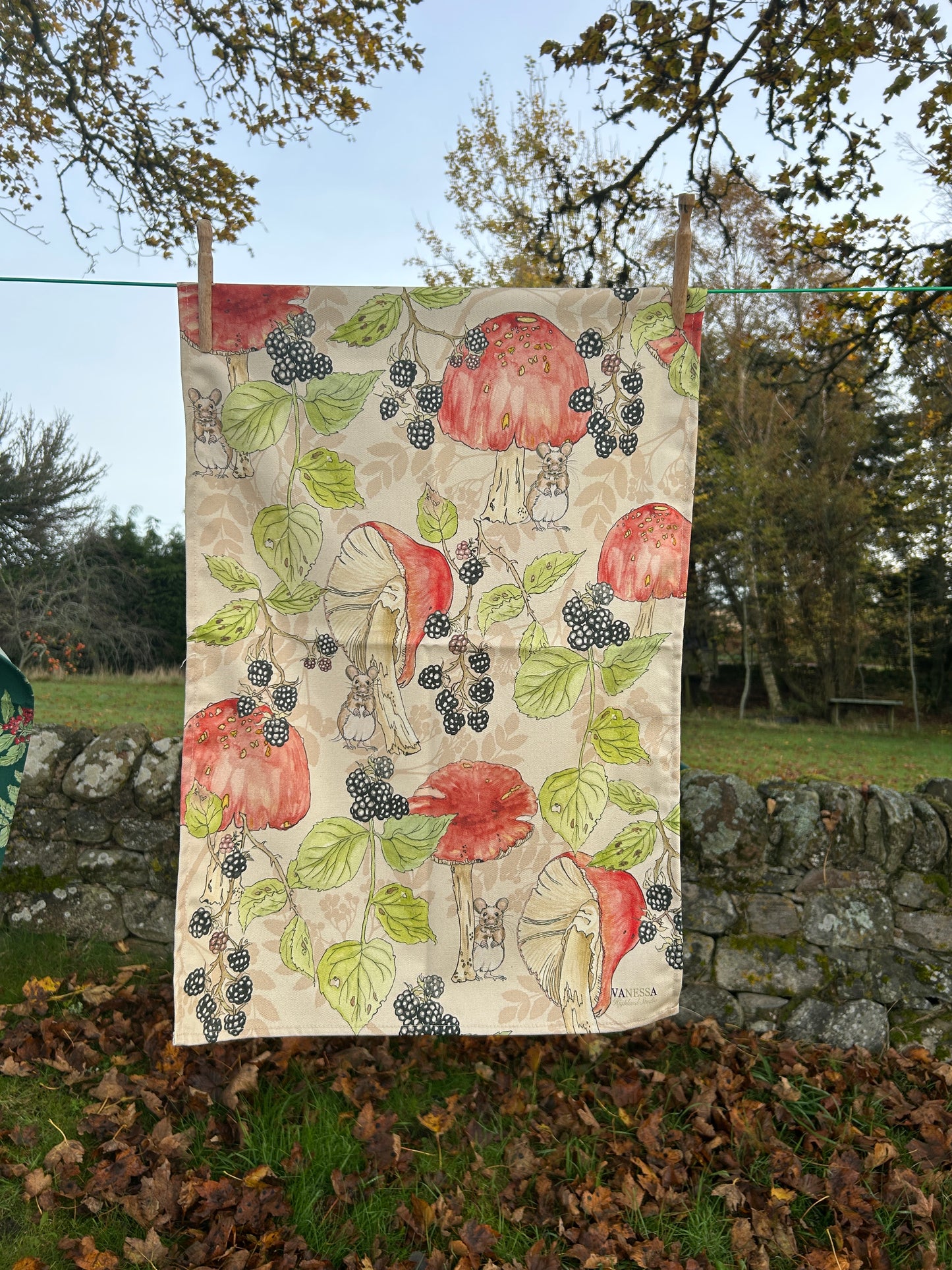 Bramble and Toadstool Design tea towel
