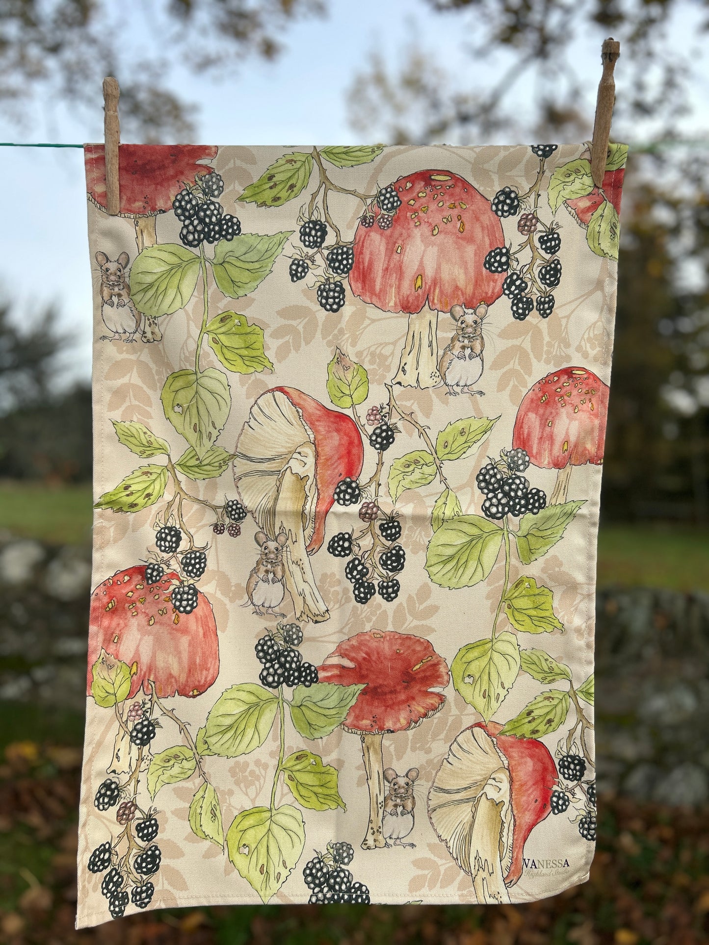 Bramble and Toadstool Design tea towel