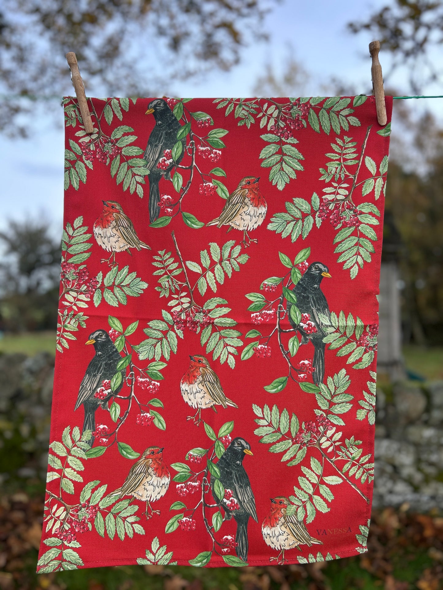 Robin, Blackbird and rowan berry printed tea towel with Red backgound