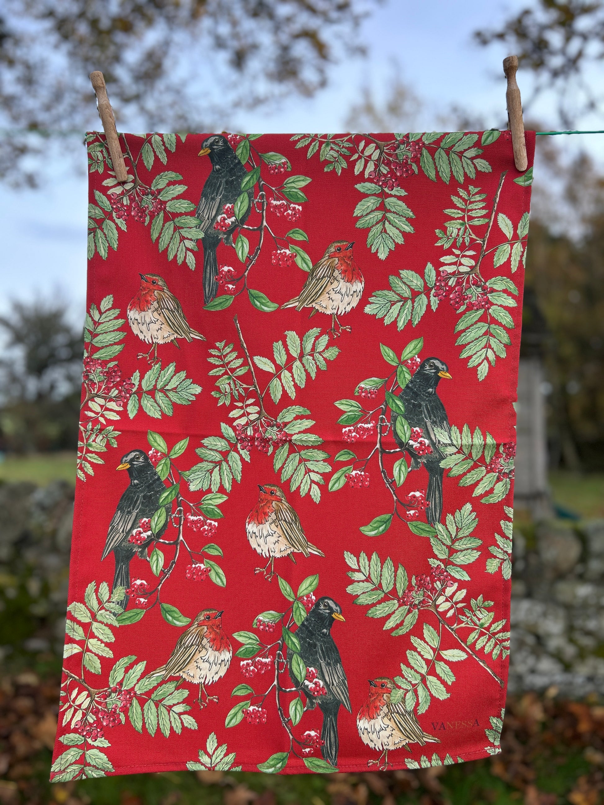 Robin, Blackbird and rowan berry printed tea towel with Red backgound