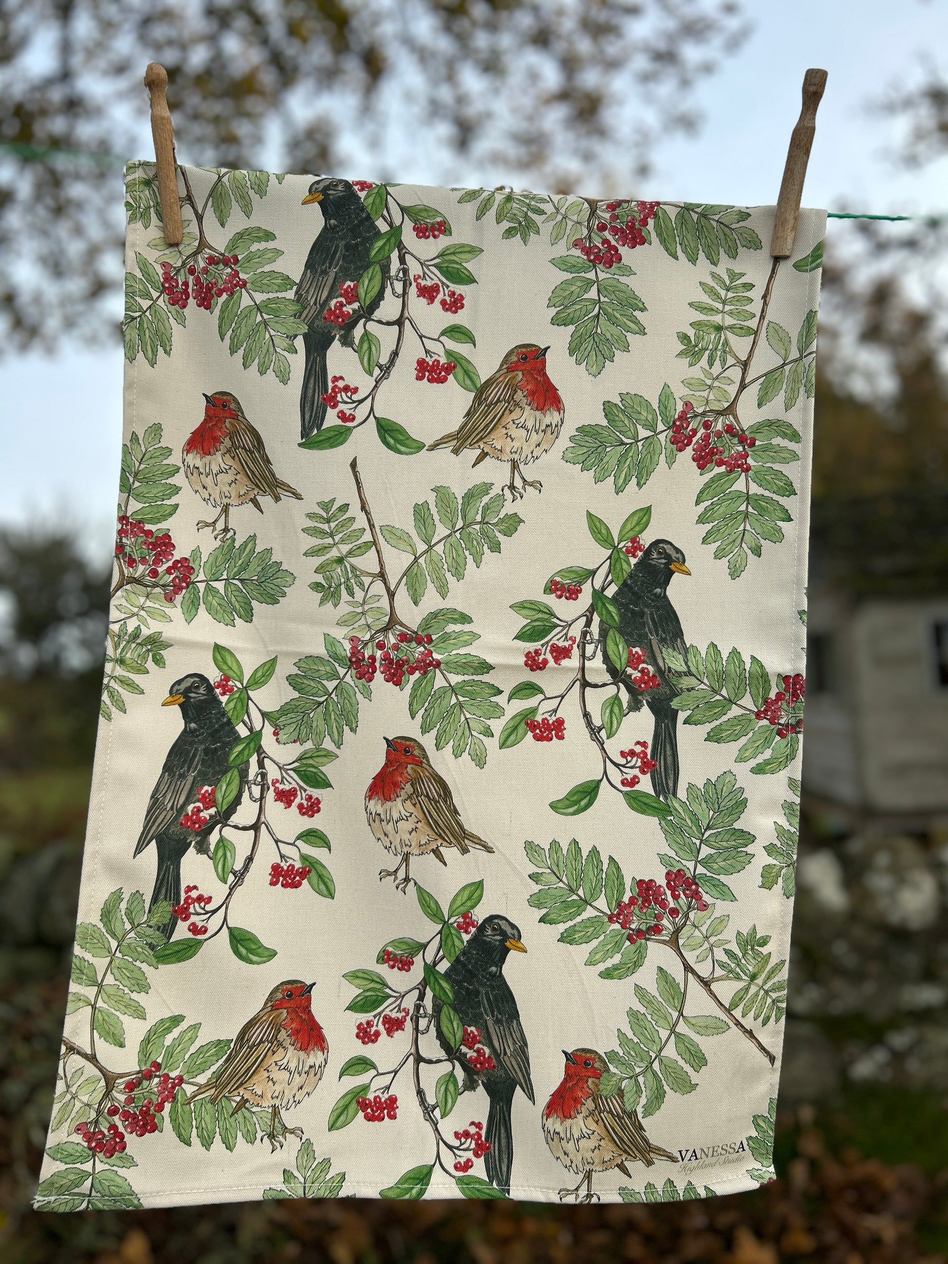 Fabric Tea Towel with Blackbirds, Robins and Berries print on cream back ground