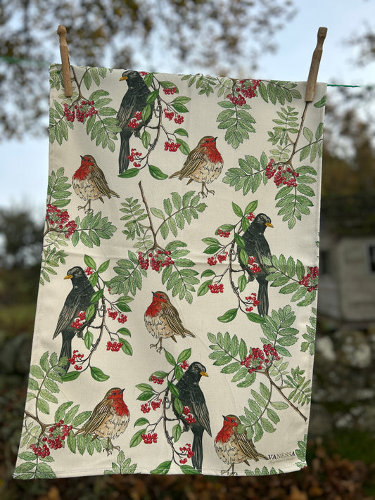 Fabric Tea Towel with Blackbirds, Robins and Berries print on cream back ground