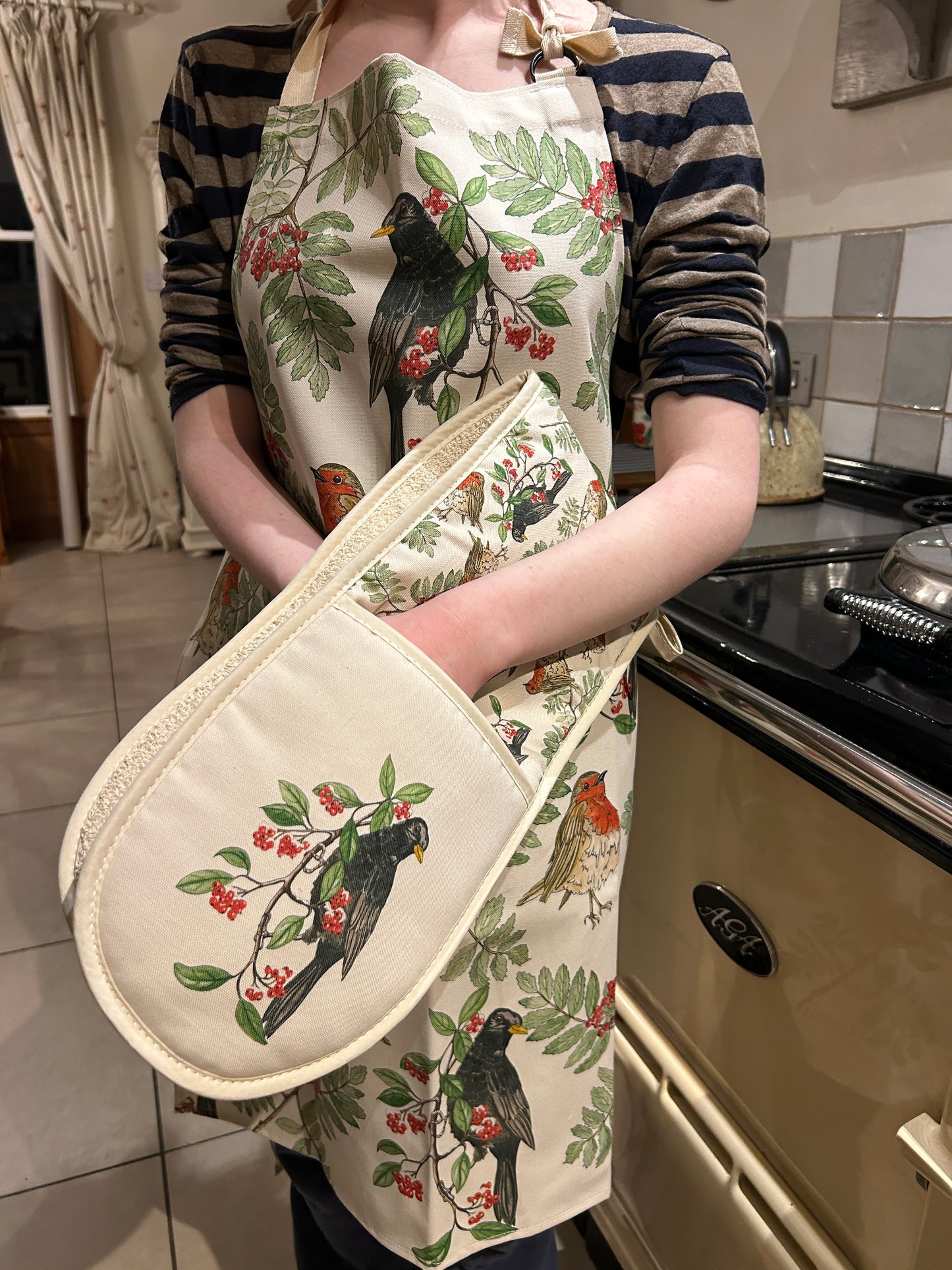 Festive Blackbird, Robin print, Oven Glove