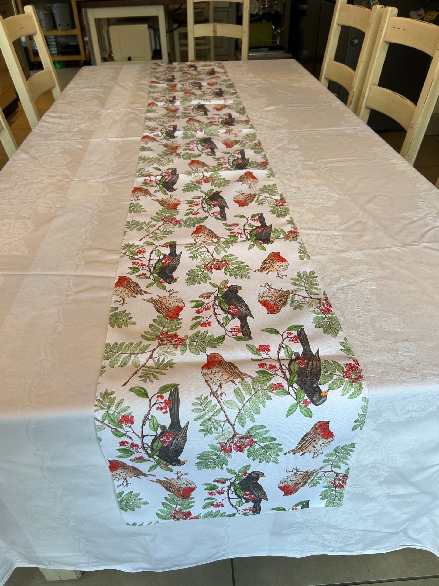 Festive Blackbird Robin Print Table Runner
