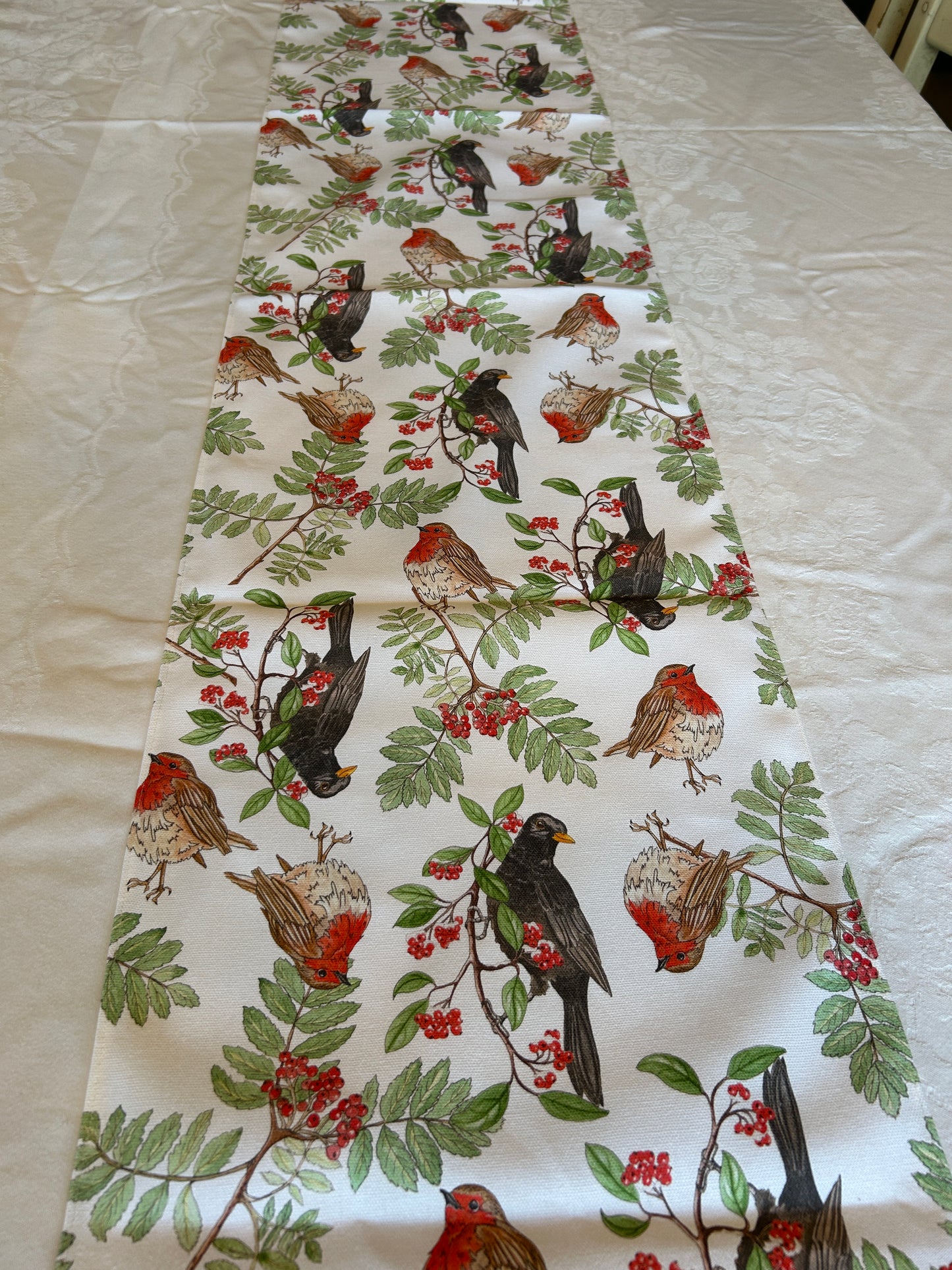 Festive Blackbird Robin Print Table Runner