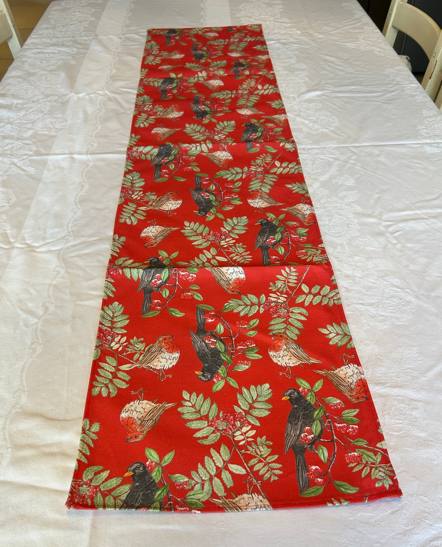 Festive Blackbird Robin Print Table Runner