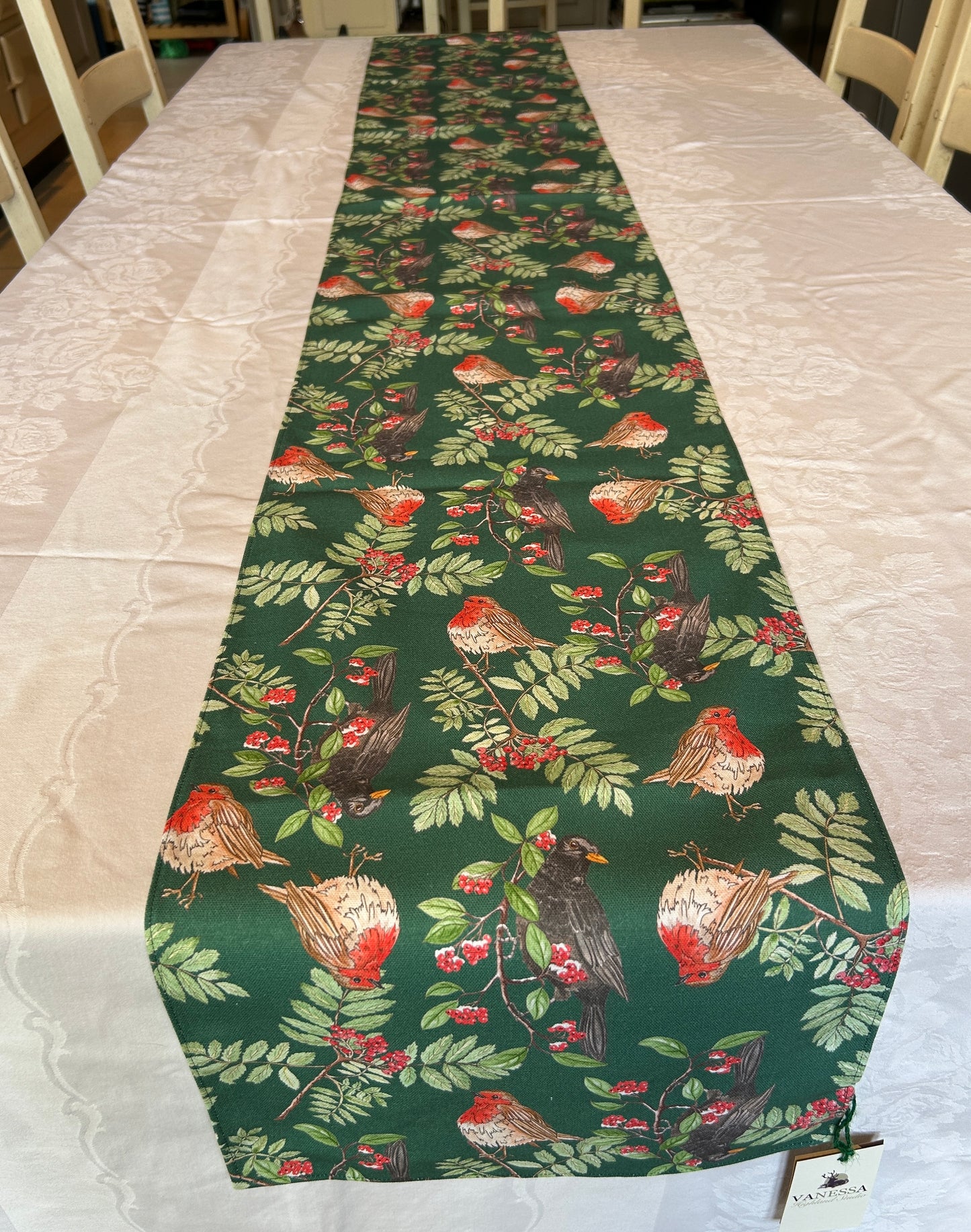 Festive Blackbird Robin Print Table Runner