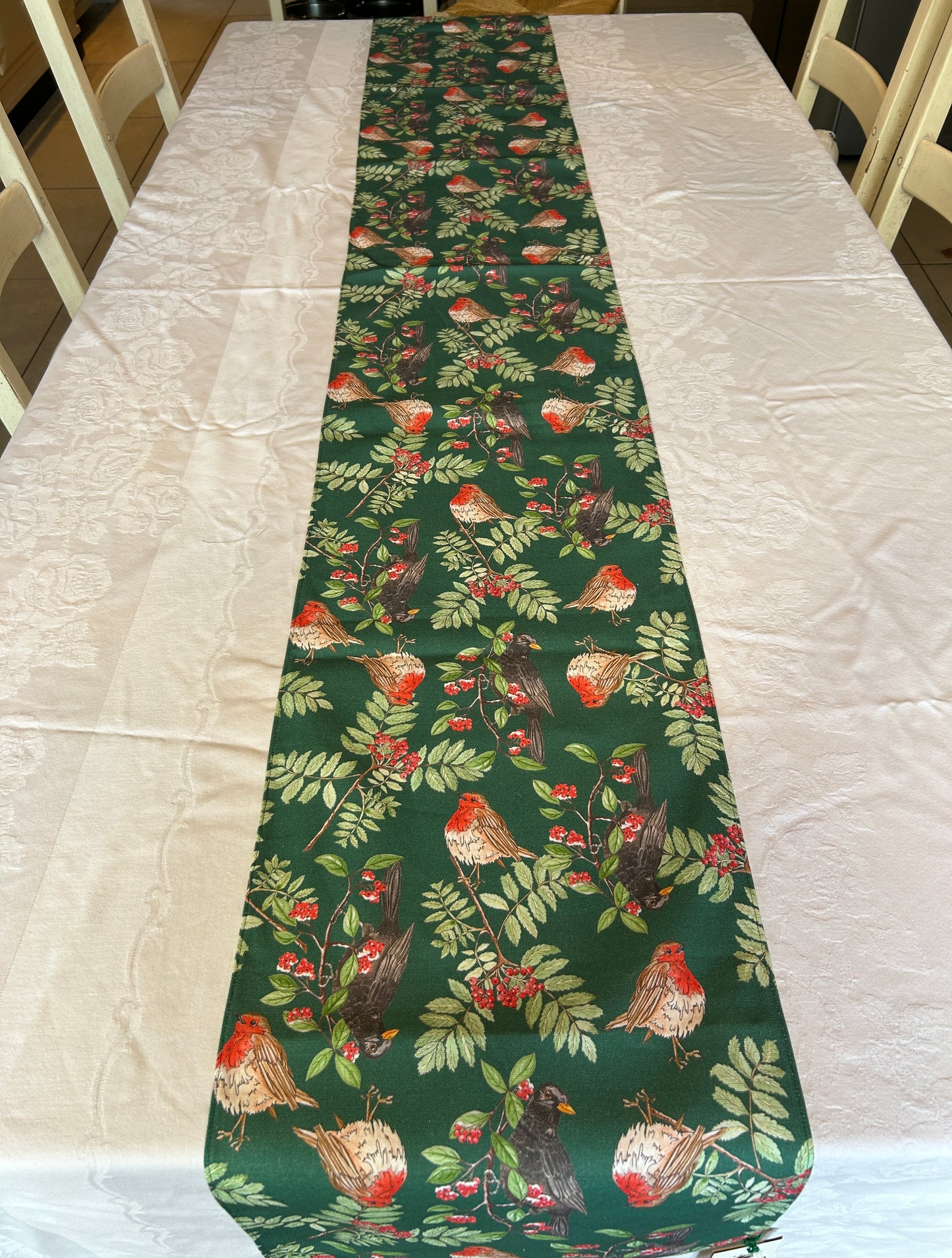Festive Blackbird Robin Print Table Runner