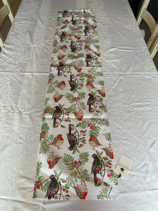 Festive Blackbird Robin Print Table Runner