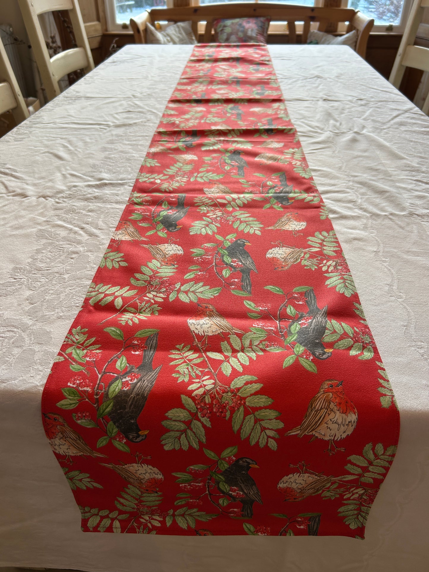 Festive Blackbird Robin Print Table Runner