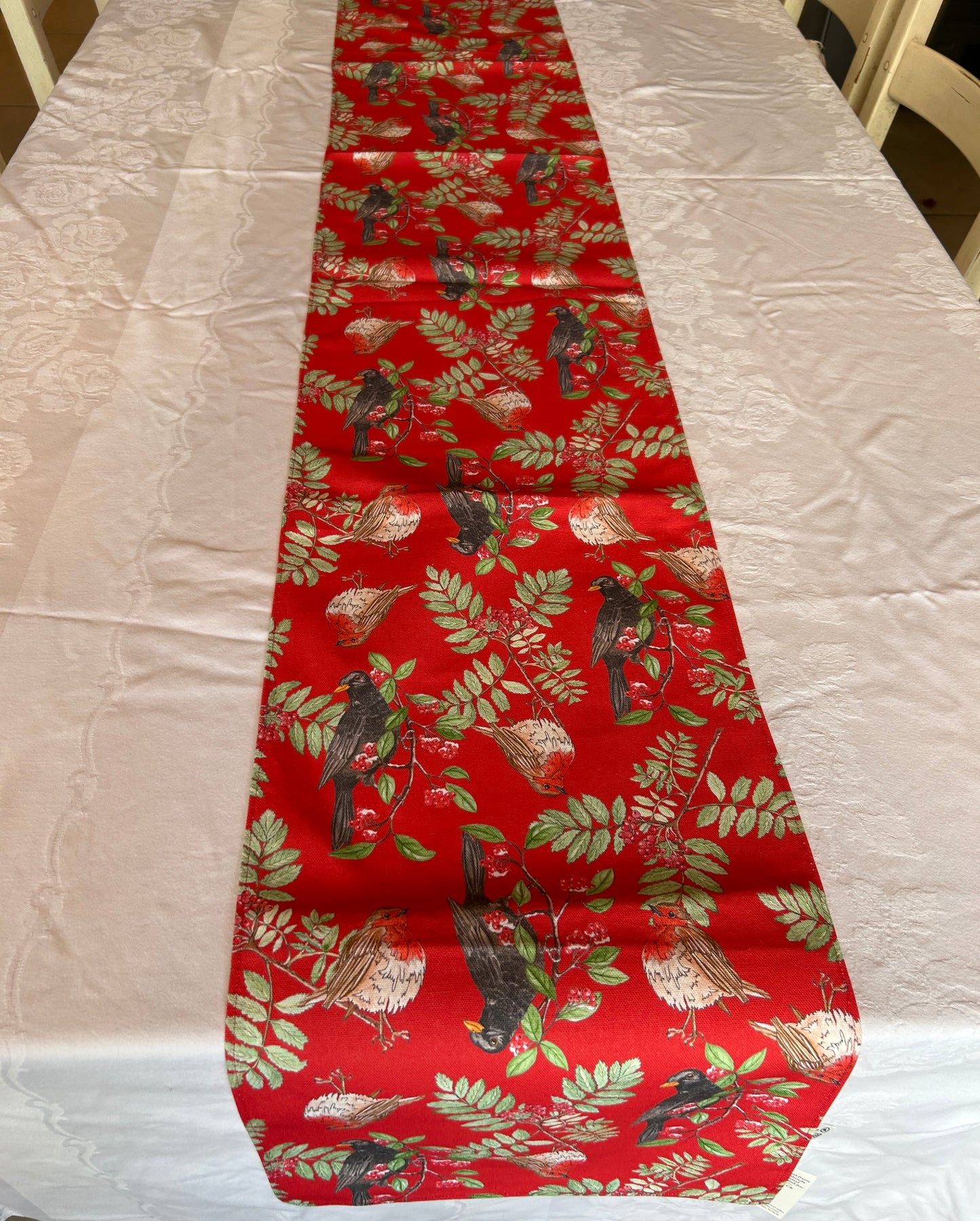 Festive Blackbird Robin Print Table Runner