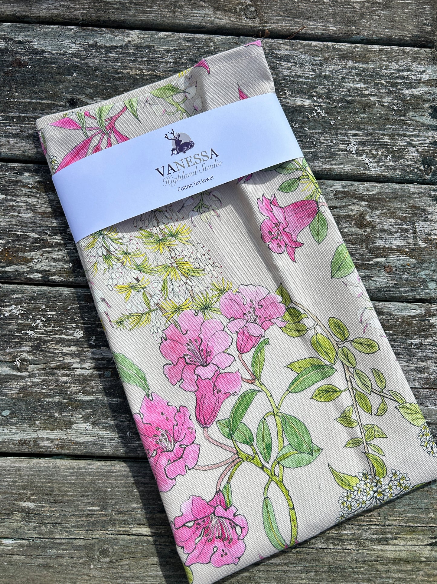 Floral patterned tea towel in Pink Rhododendron design with wrapper