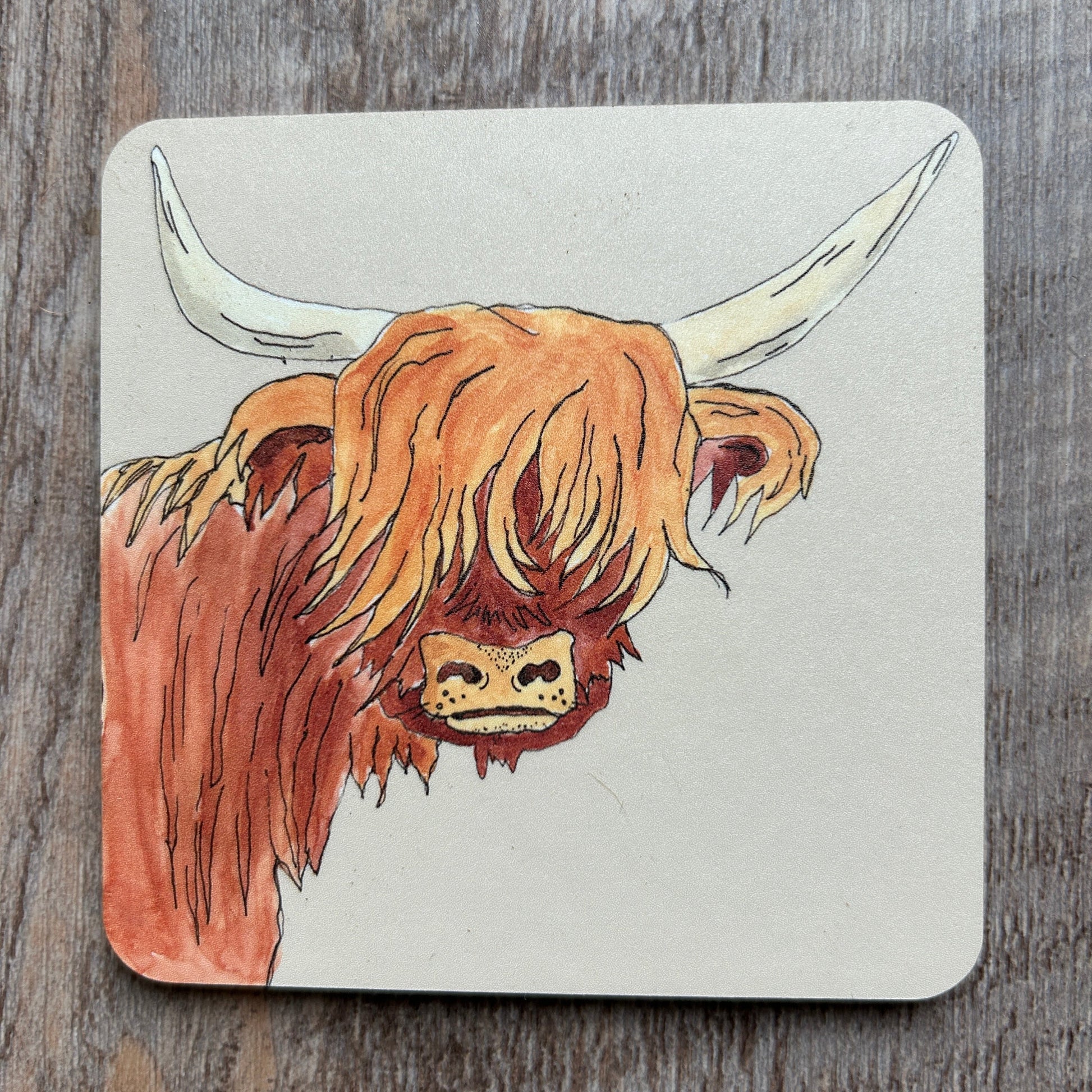 Highland cow illustration on a cream background coaster