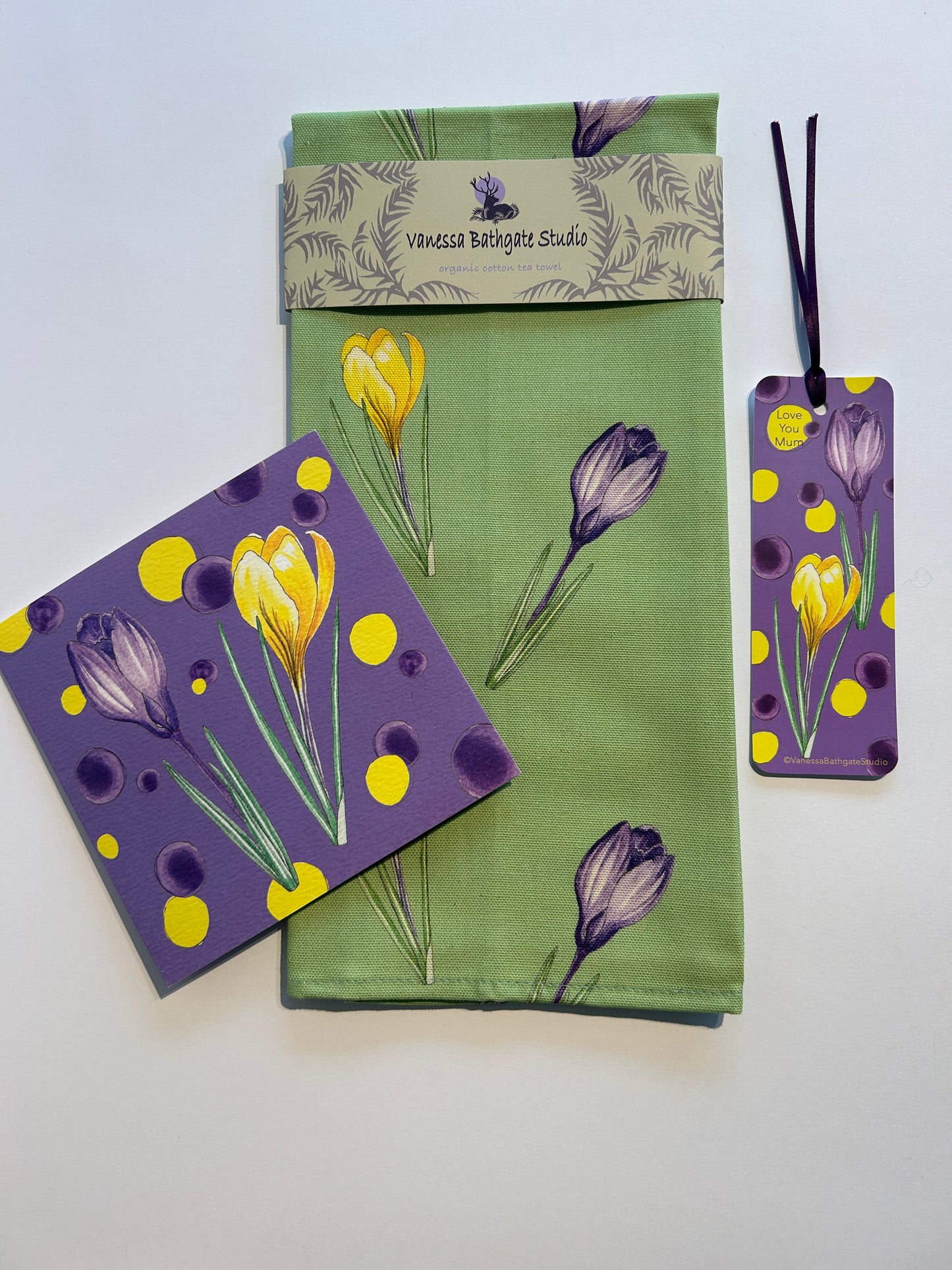 Green Crocus design tea towel, with matching book mark and card. Love You Mum quote.