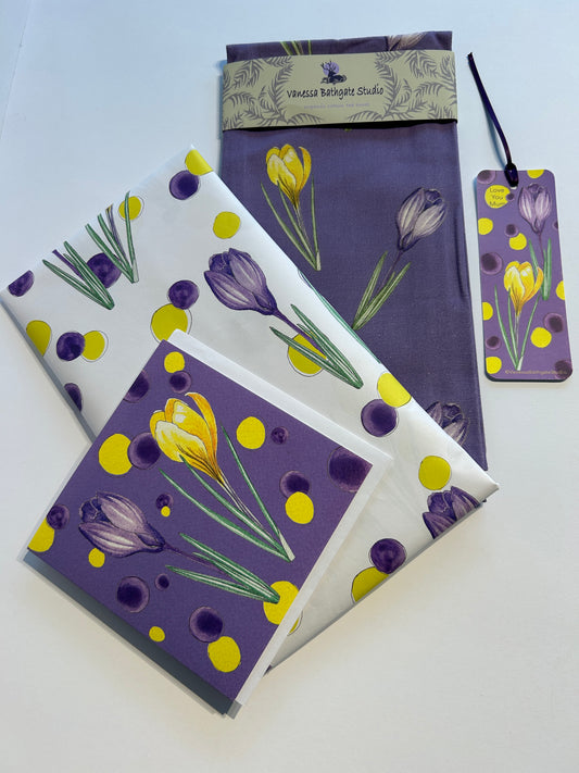 Purple Crocus design tea towel with matching book mark and card. Love You Mum quote