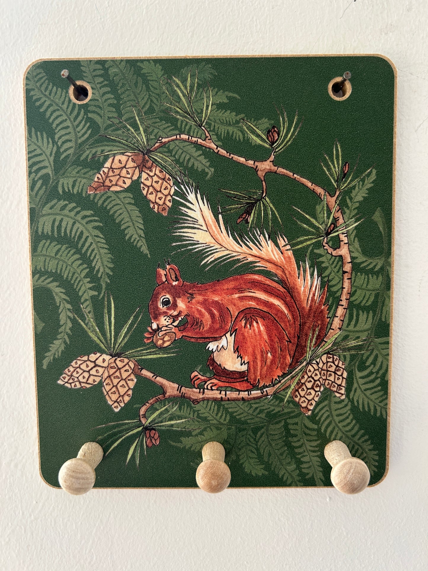 3 peg key hook with cute Red Squirrel design on green fern background