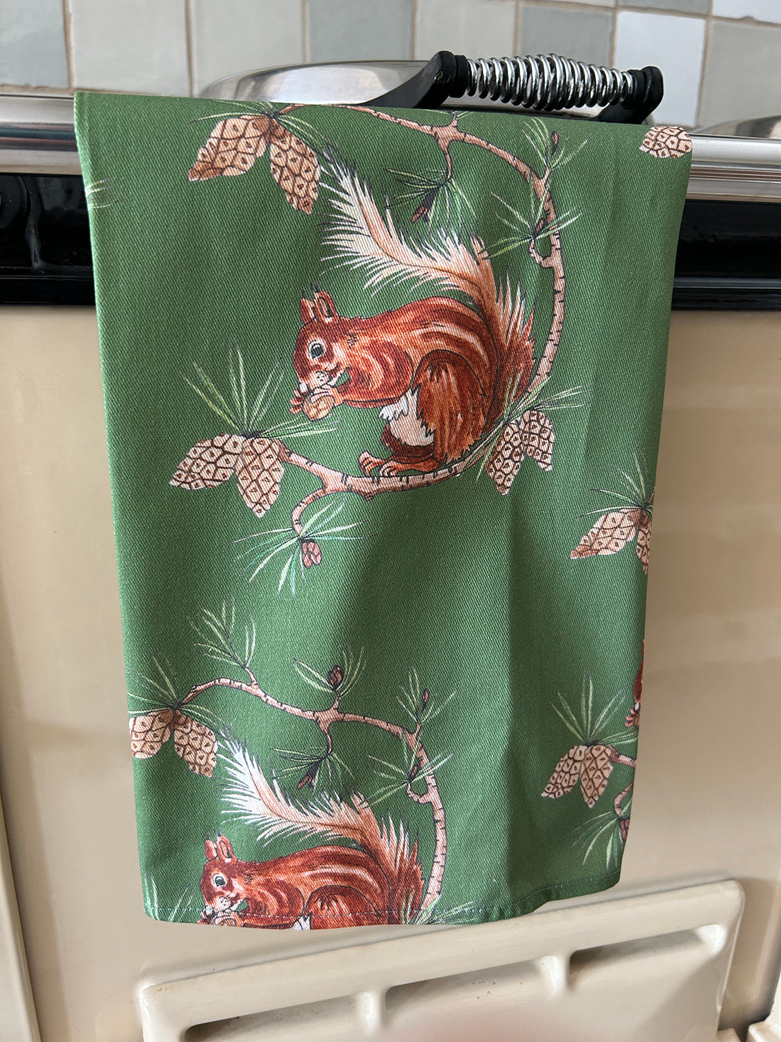 Green tea towel with illustrations of red squirrel, hanging on an AGA stove