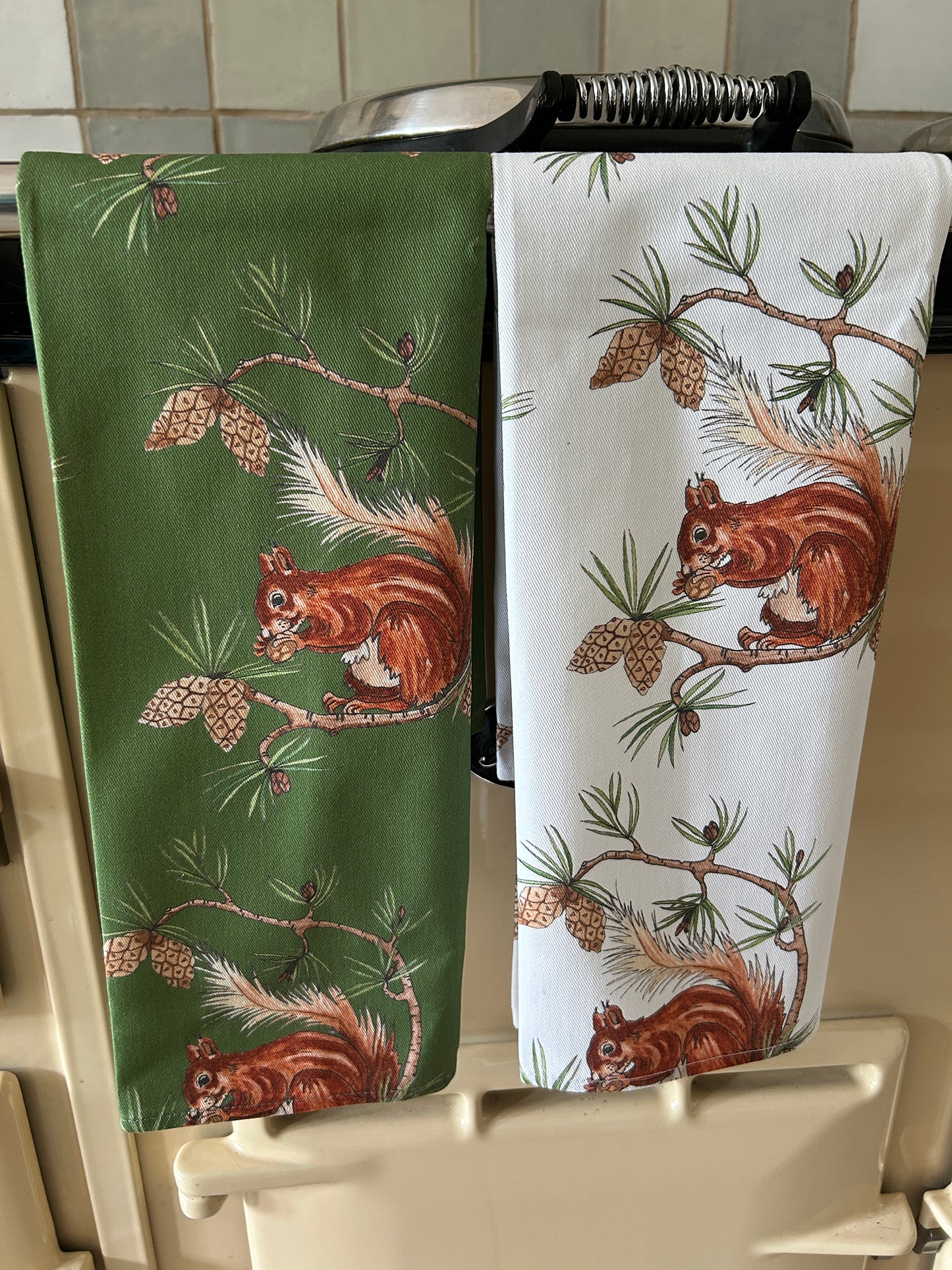 A Green and a white tea towel featuring red squirrel illustrations, hanging on AGA stove cooker