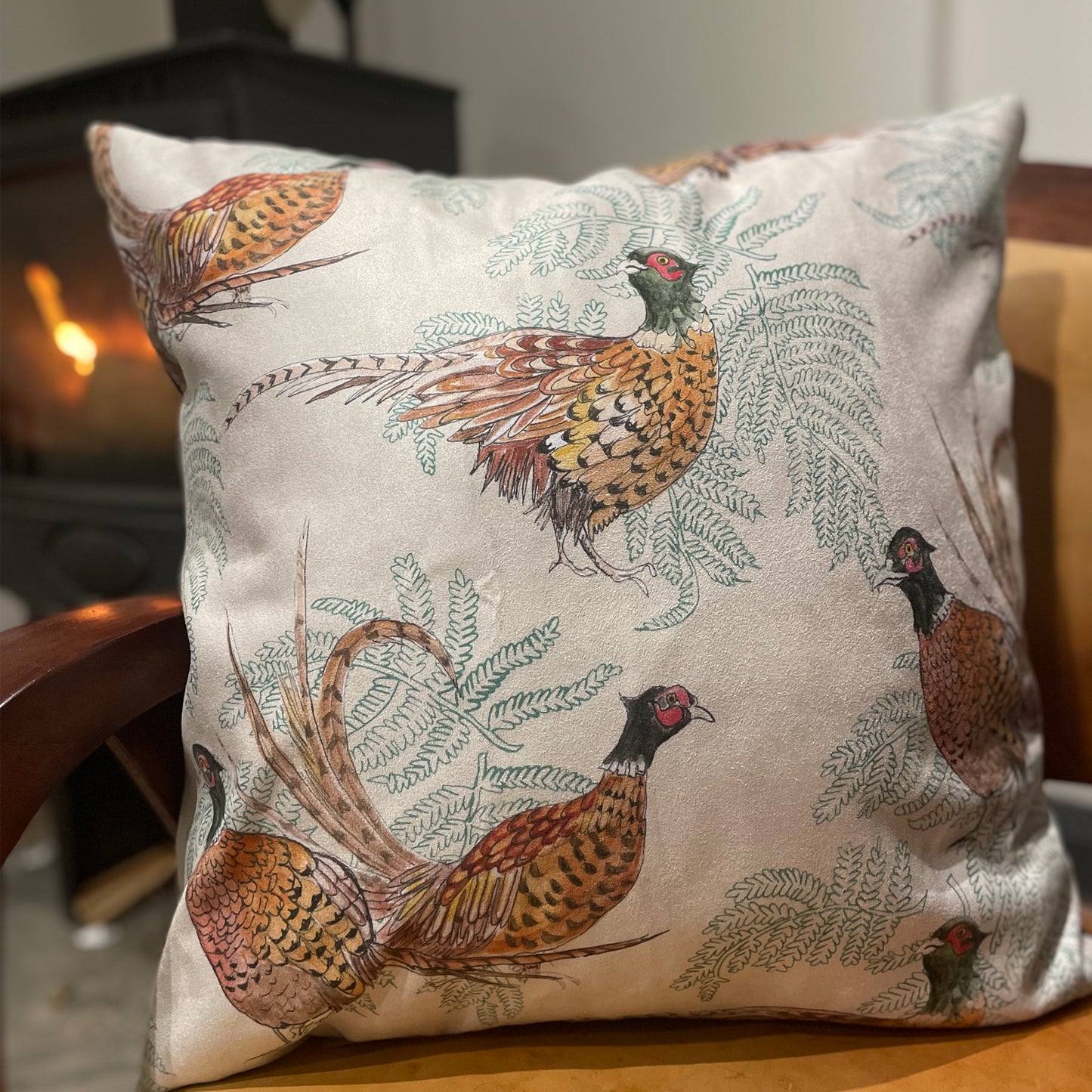 Pleasant Pheasant and Fern, Faux Suede Cushion cover