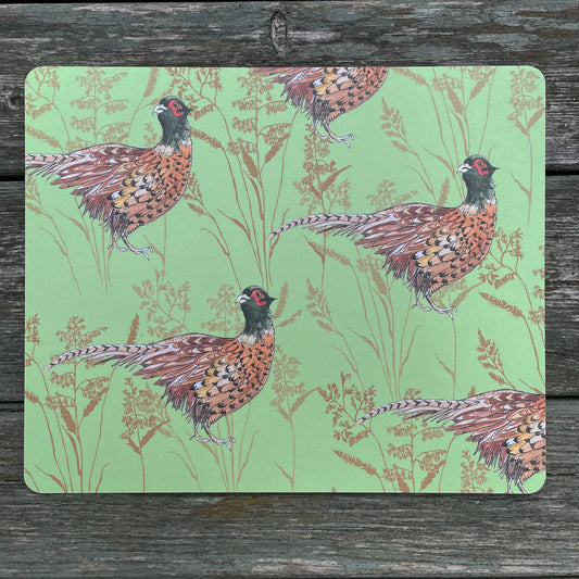 pheasant design placemat on a lime green background